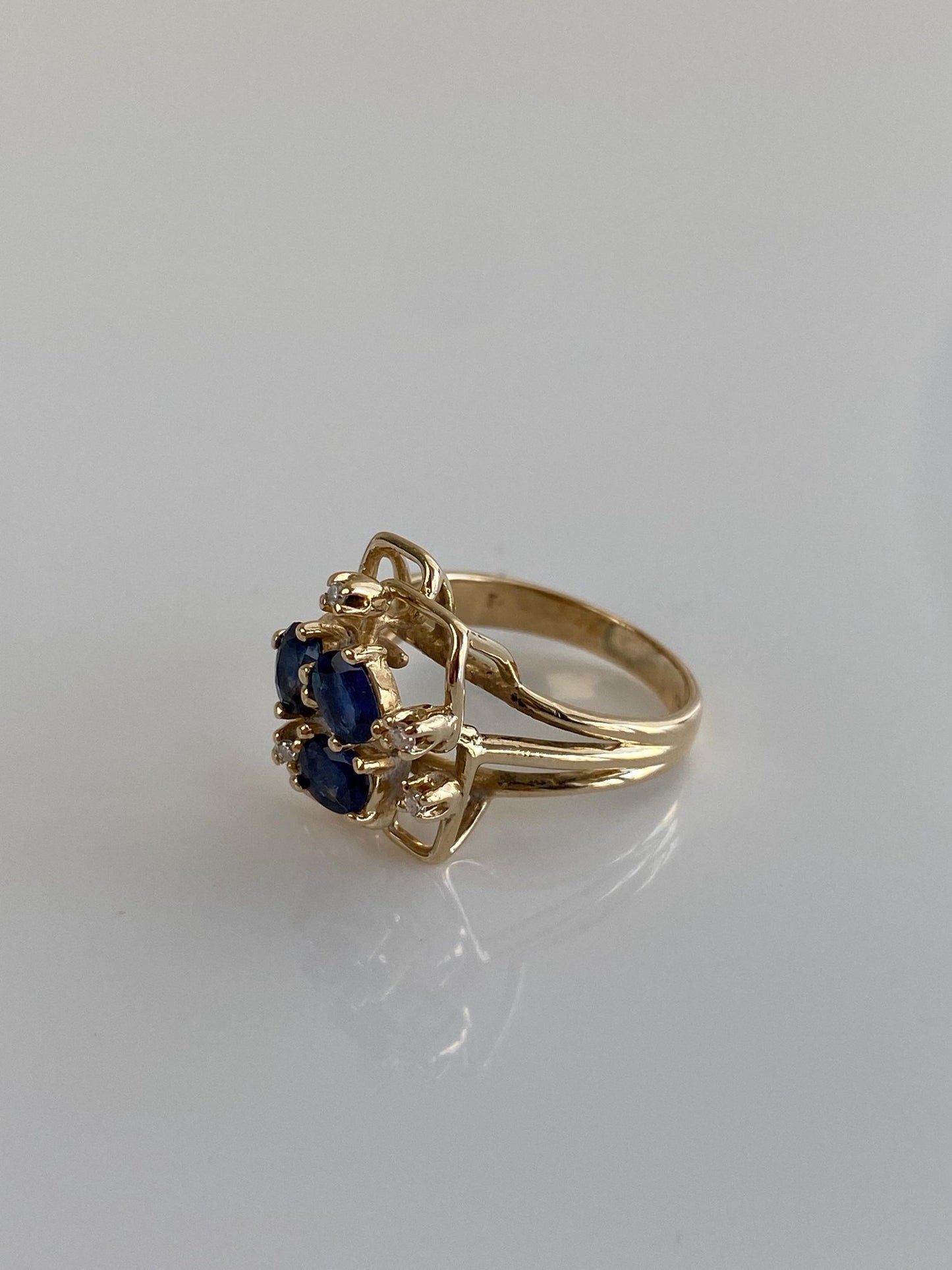 Vintage Solid 14k Yellow Gold Diamond Blue Sapphire Cubist Ring - Size 6.25