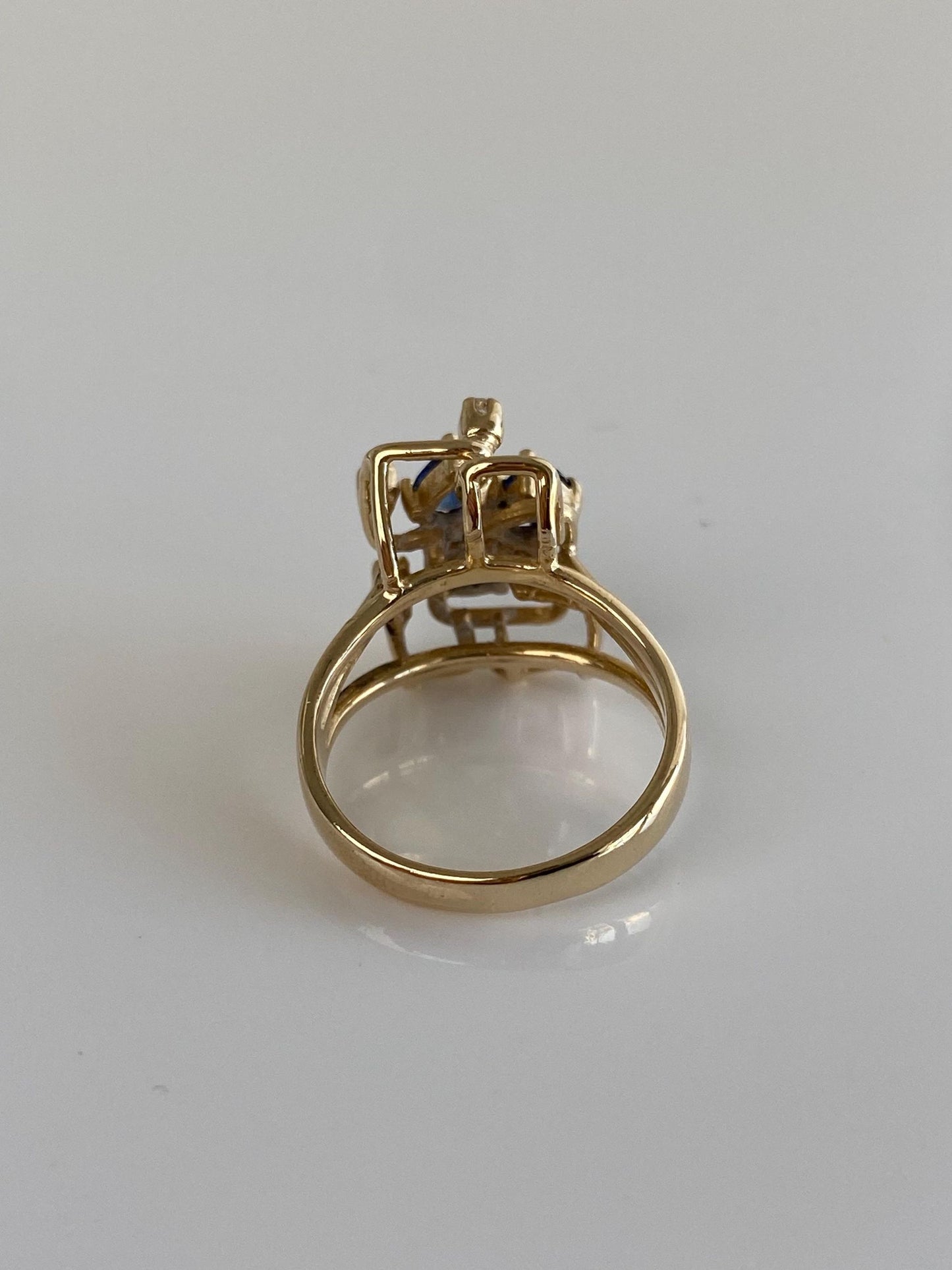 Vintage Solid 14k Yellow Gold Diamond Blue Sapphire Cubist Ring - Size 6.25