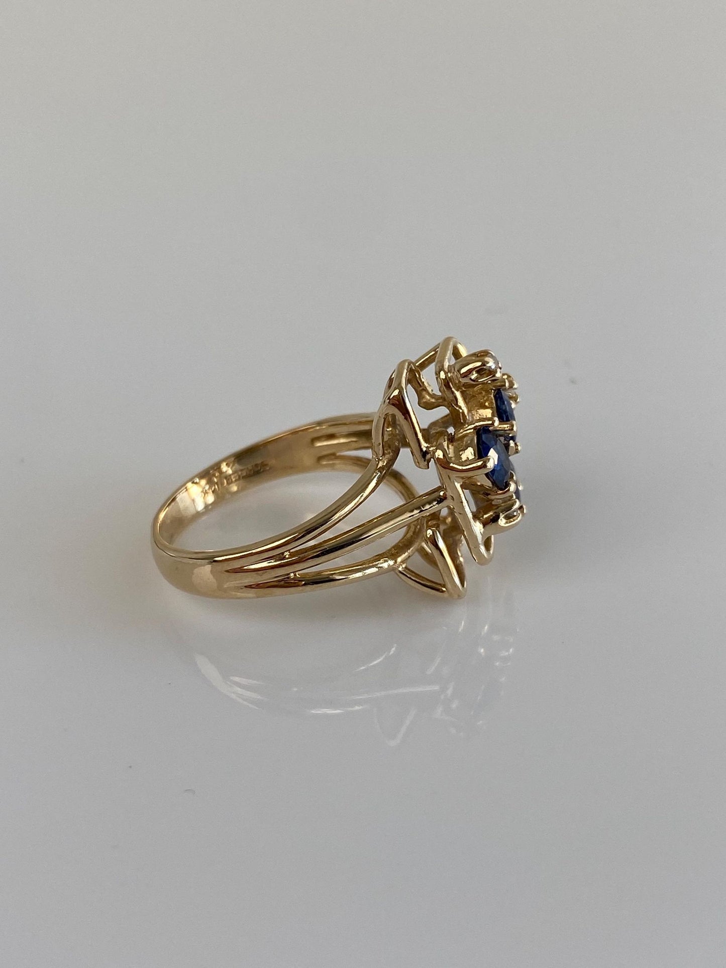 Vintage Solid 14k Yellow Gold Diamond Blue Sapphire Cubist Ring - Size 6.25
