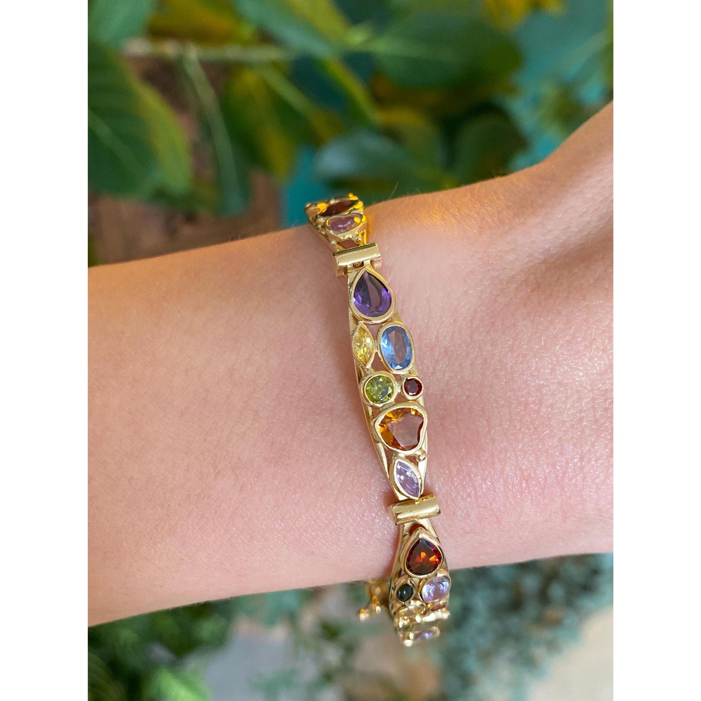 Solid 18k Yellow Gold Blue & Purple Spinel Orange Sapphire Cubic Zirconia Line Bracelet - 7.25 inches