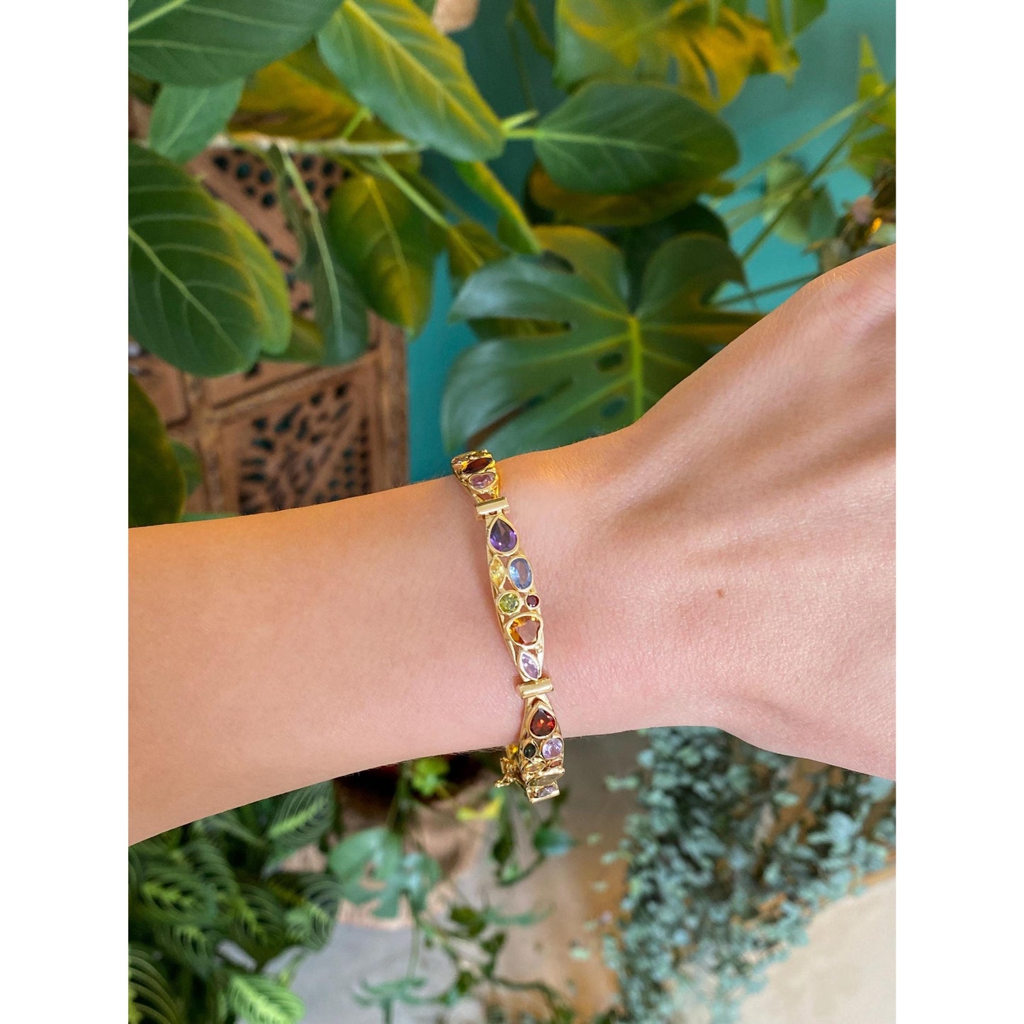 Solid 18k Yellow Gold Blue & Purple Spinel Orange Sapphire Cubic Zirconia Line Bracelet - 7.25 inches