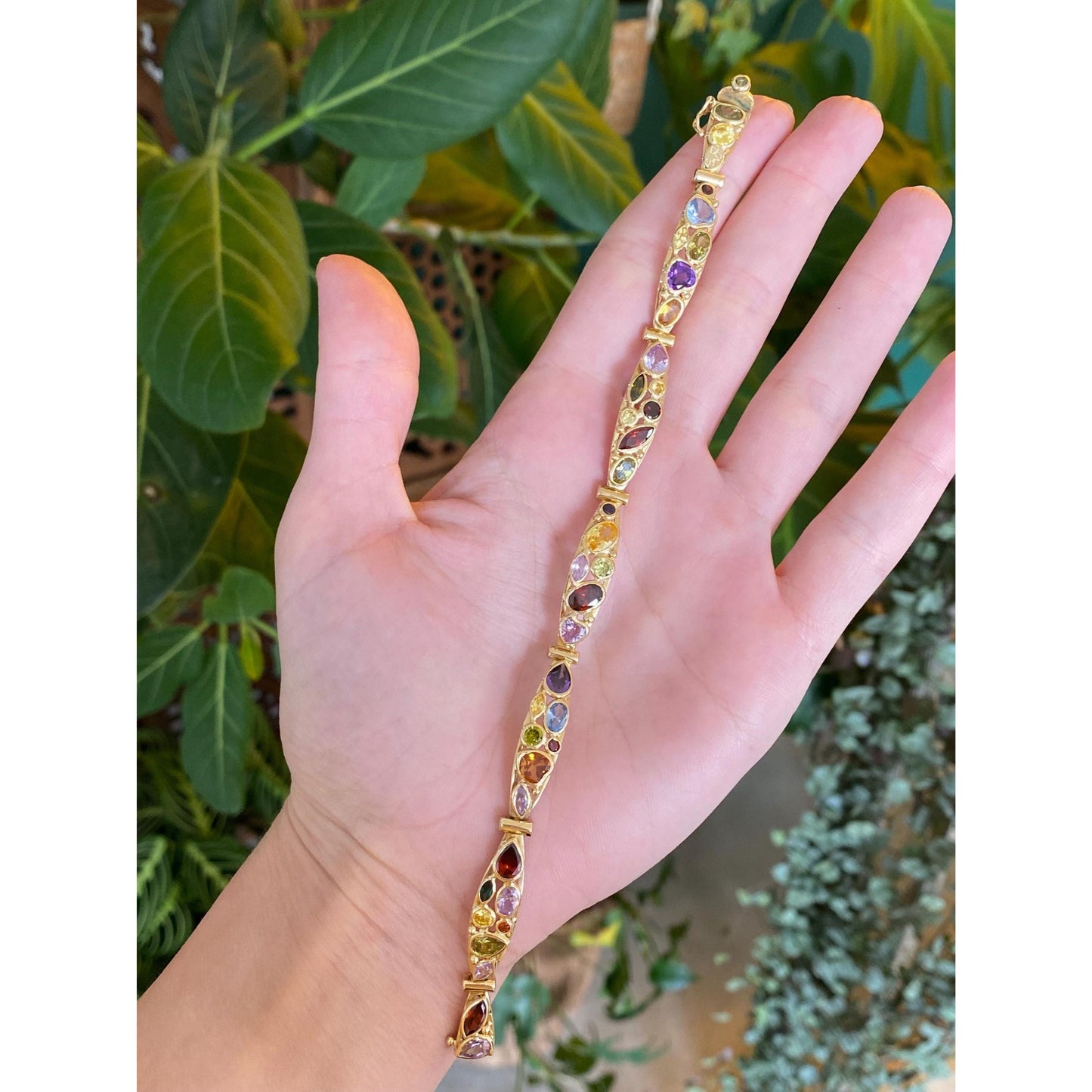 Solid 18k Yellow Gold Blue & Purple Spinel Orange Sapphire Cubic Zirconia Line Bracelet - 7.25 inches