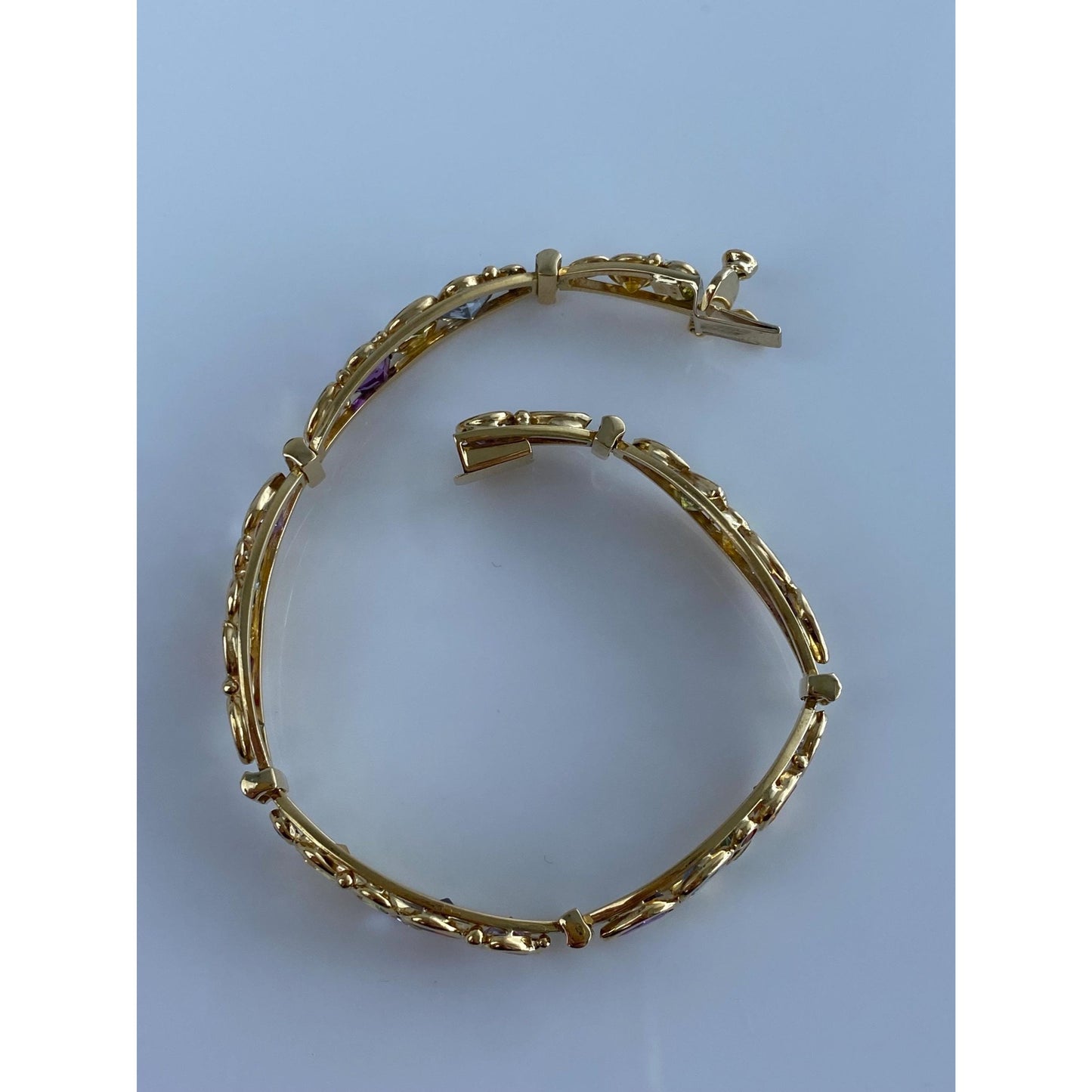 Solid 18k Yellow Gold Blue & Purple Spinel Orange Sapphire Cubic Zirconia Line Bracelet - 7.25 inches