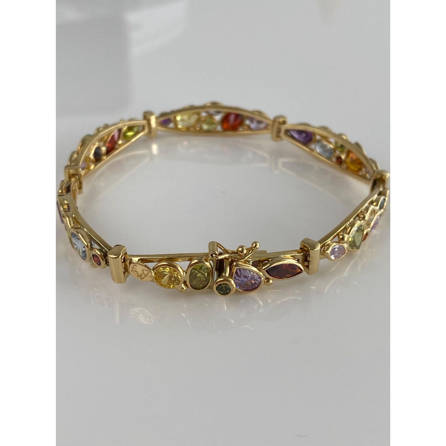 Solid 18k Yellow Gold Blue & Purple Spinel Orange Sapphire Cubic Zirconia Line Bracelet - 7.25 inches