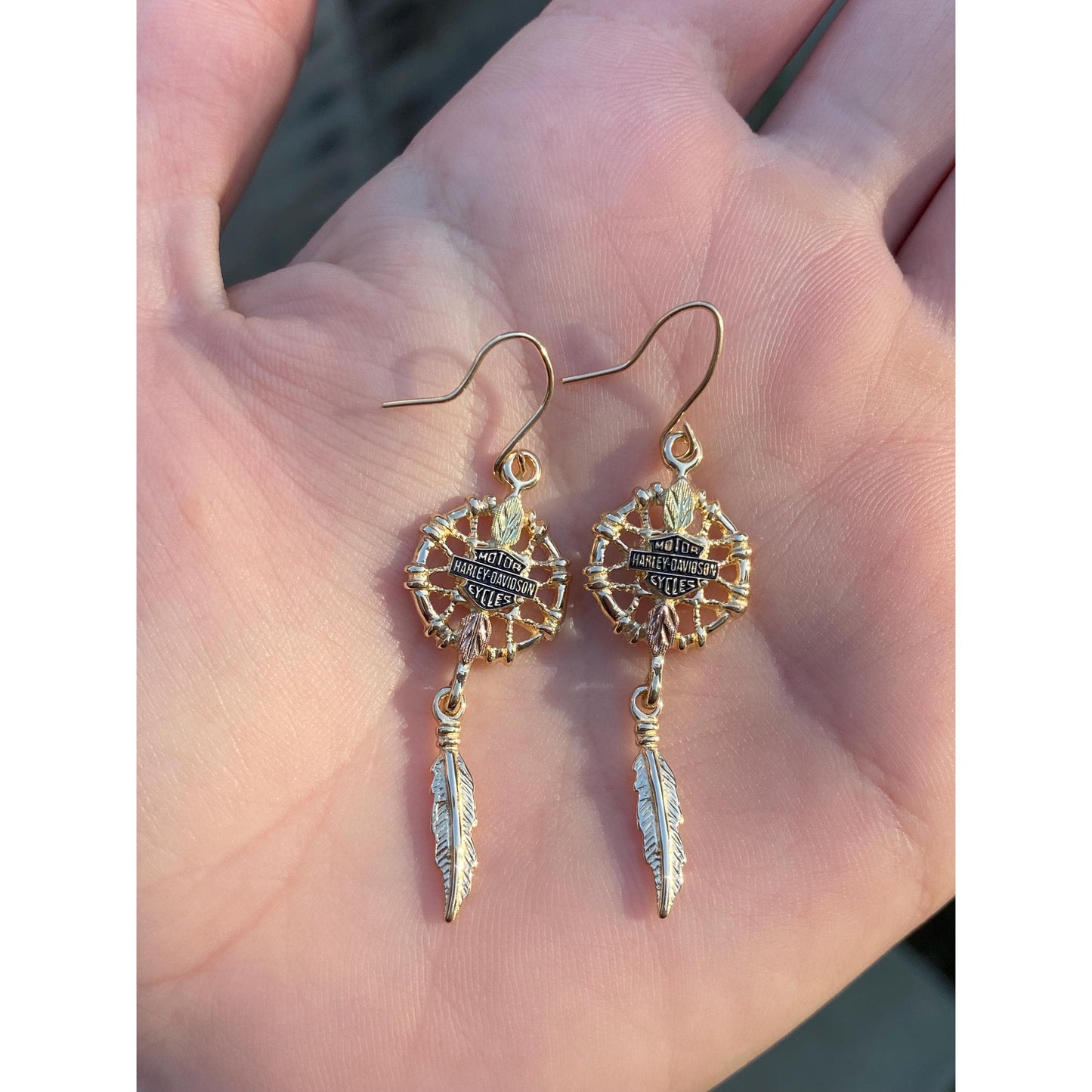 Vintage Solid 10k Black Hills Gold 'Harley Davidson' Dreamcatcher Dangle Earrings