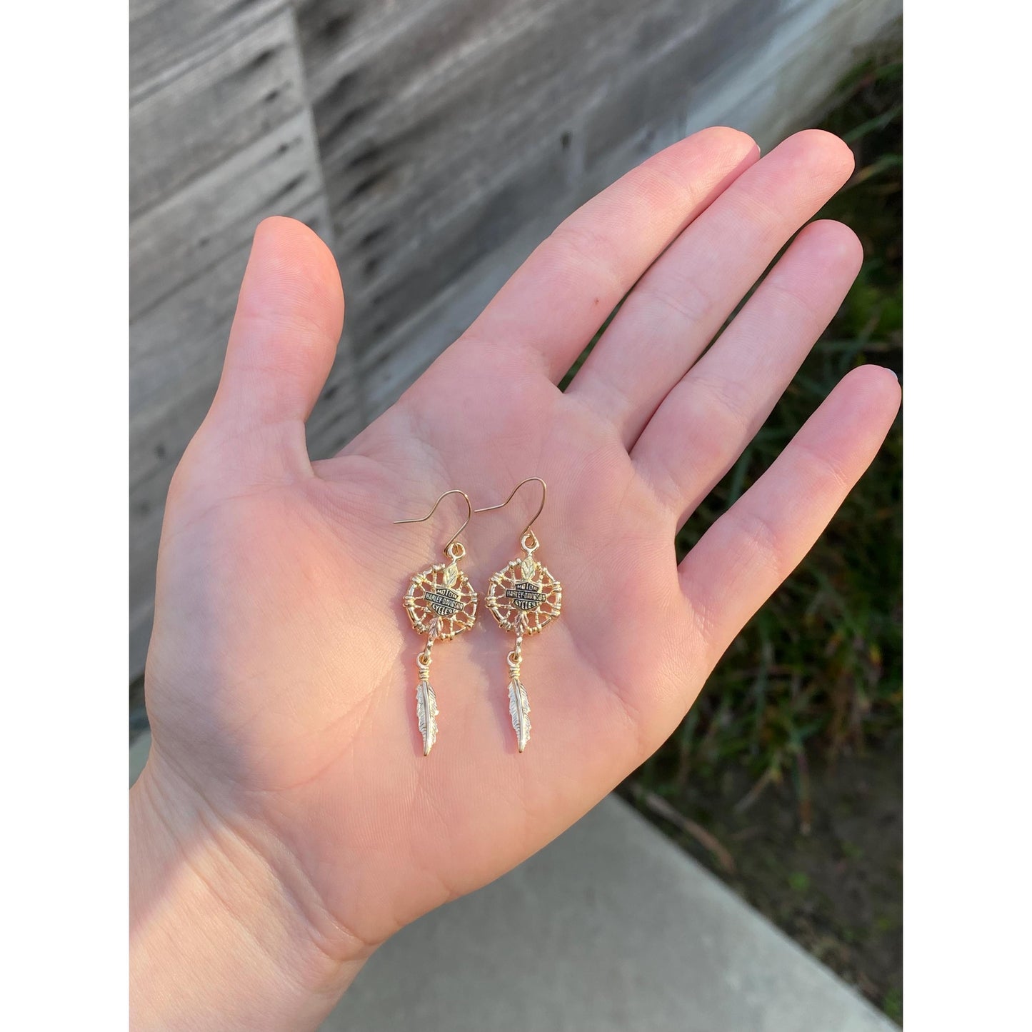 Vintage Solid 10k Black Hills Gold 'Harley Davidson' Dreamcatcher Dangle Earrings