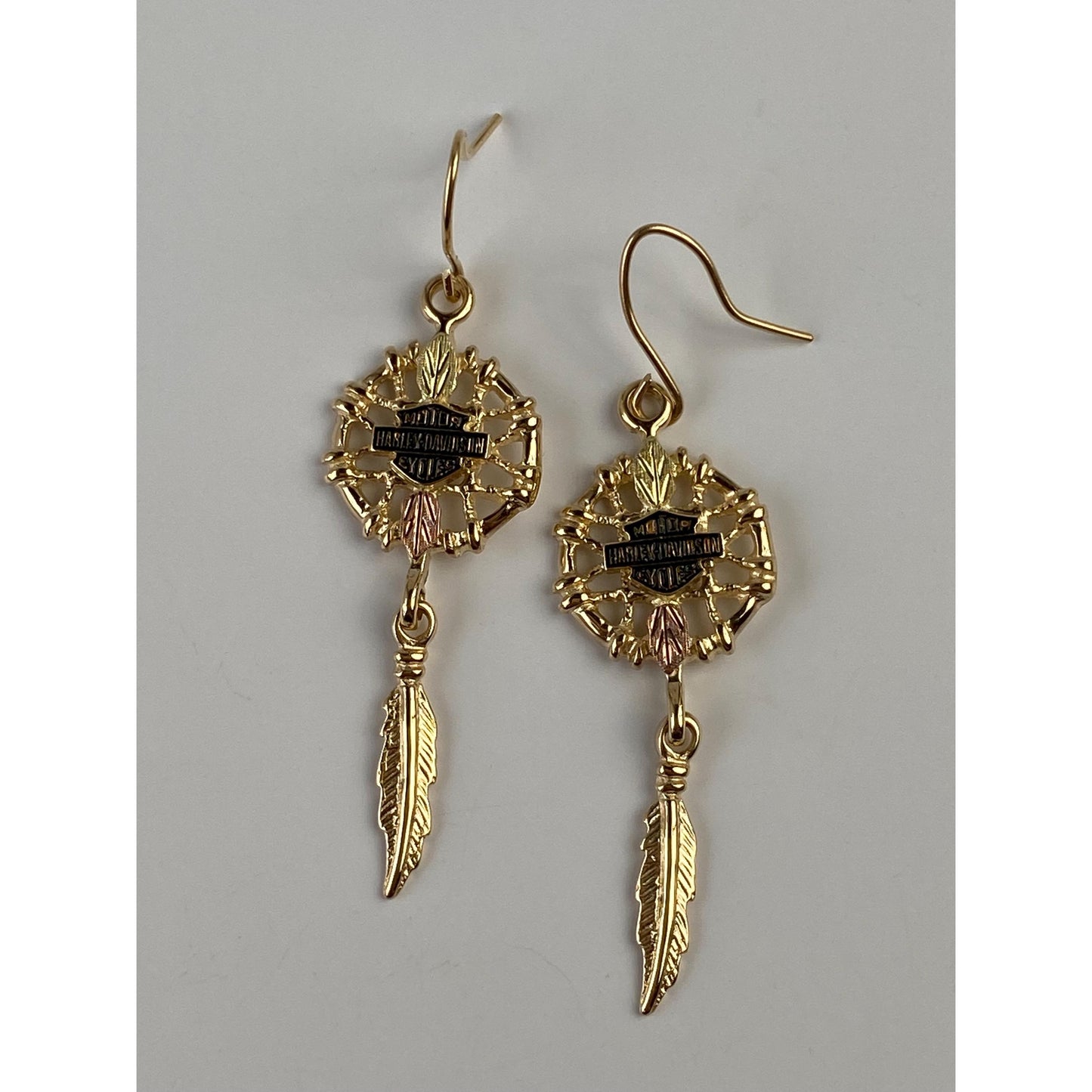 Vintage Solid 10k Black Hills Gold 'Harley Davidson' Dreamcatcher Dangle Earrings
