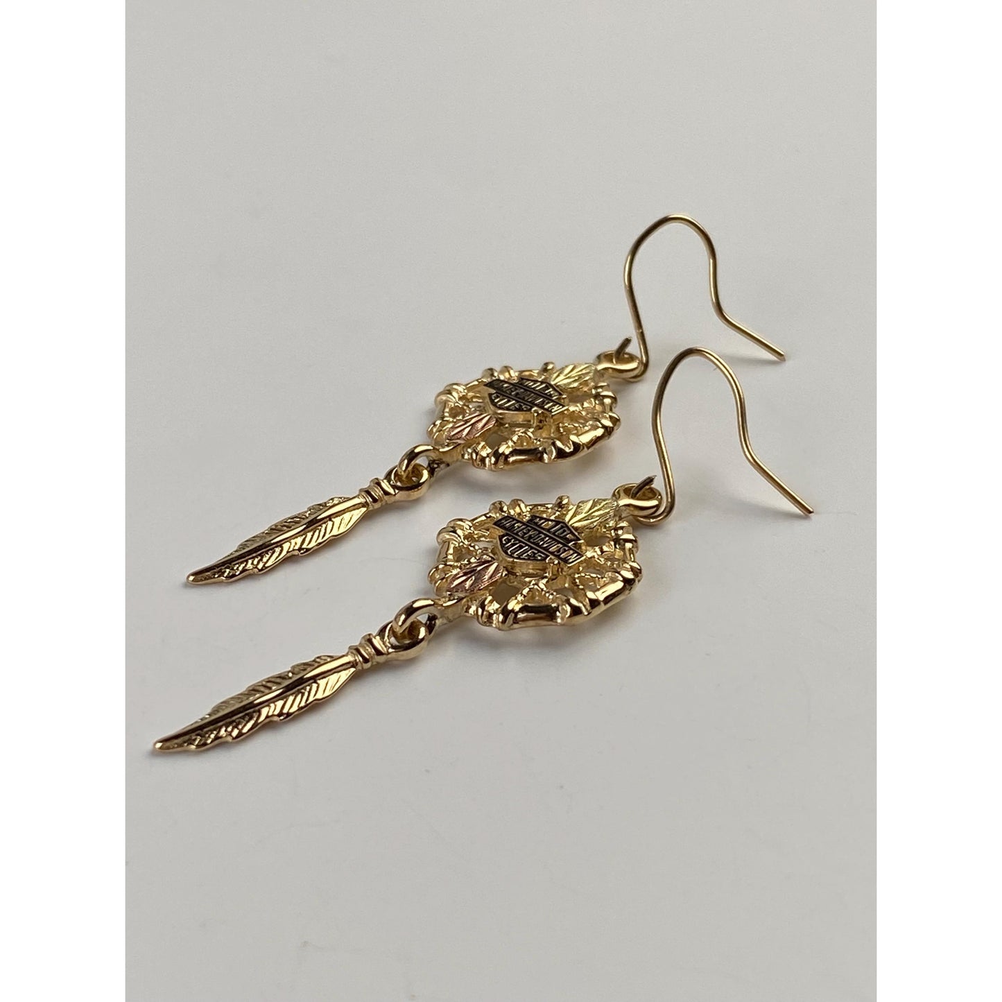 Vintage Solid 10k Black Hills Gold 'Harley Davidson' Dreamcatcher Dangle Earrings