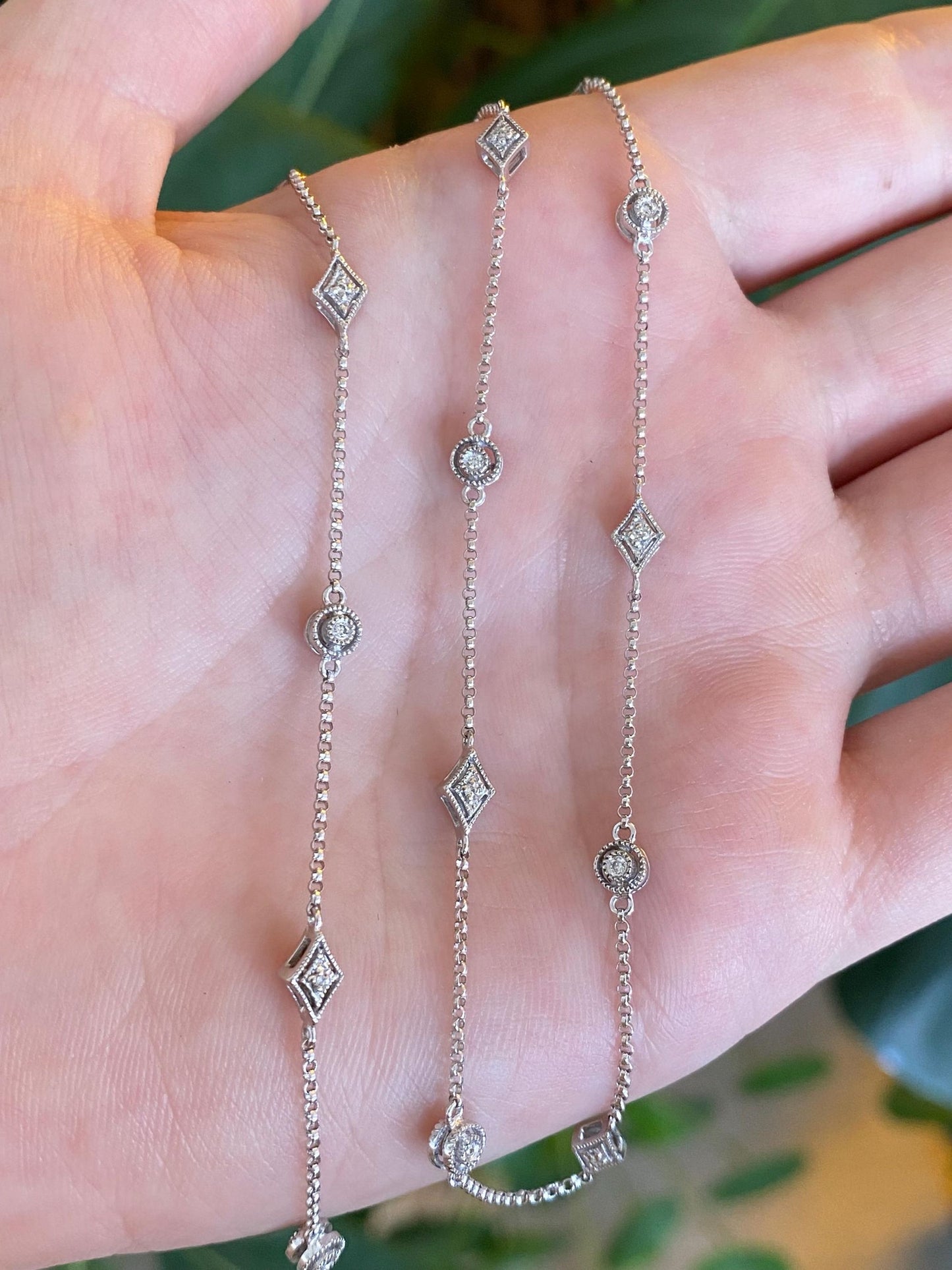Vintage Solid 14k White Gold Diamonds Link Rolo Chain Necklace - 17.75 inches