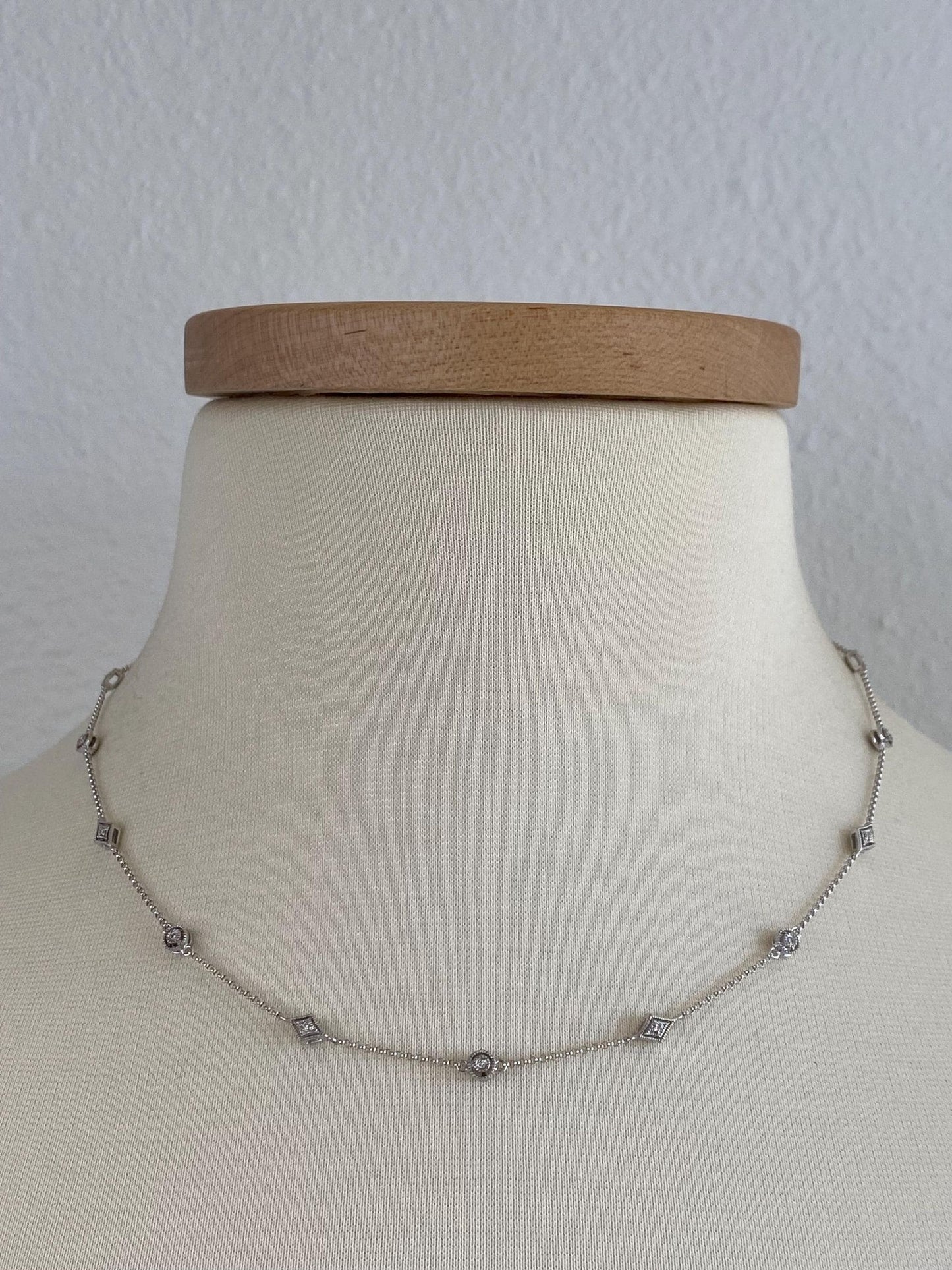 Vintage Solid 14k White Gold Diamonds Link Rolo Chain Necklace - 17.75 inches
