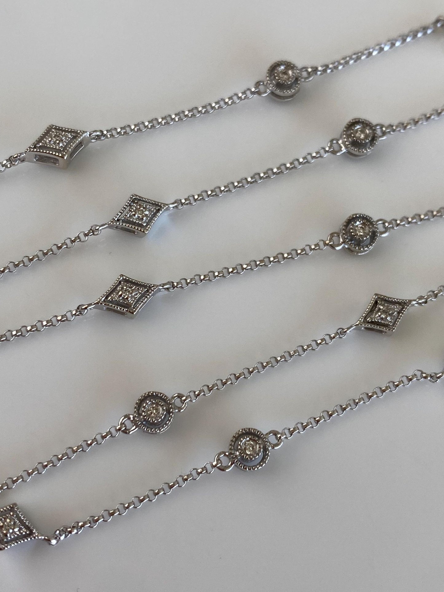 Vintage Solid 14k White Gold Diamonds Link Rolo Chain Necklace - 17.75 inches