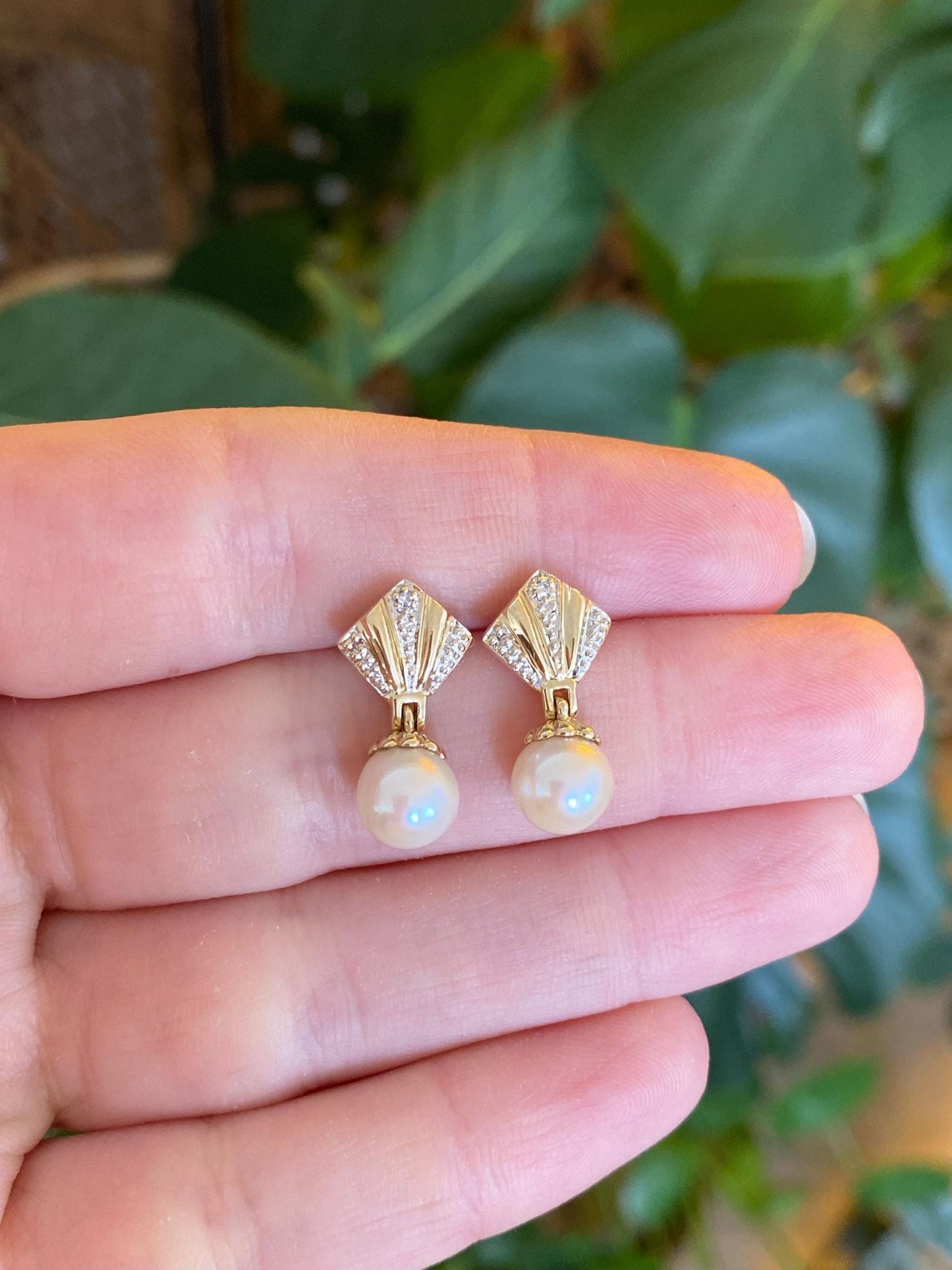 Vintage Solid 14k White & Yellow Gold Diamond Pearl Dangle Stud Earrings
