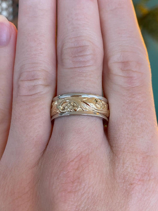 Vintage Solid 14k White & Yellow Gold Floral Design Ring Band - Size 8.75