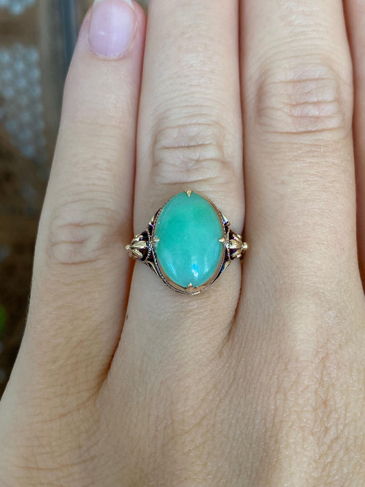 Vintage Solid 12k Rosey Gold Jade Designed Ring - Size 5