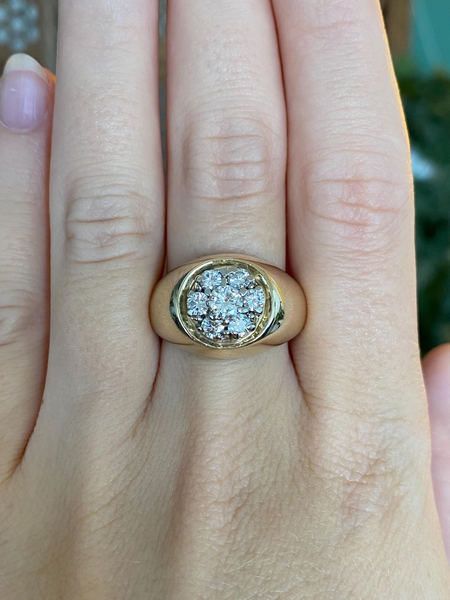 Vintage Solid 14k Yellow Gold Diamond Cluster Flower Signet Ring - Size 8.75