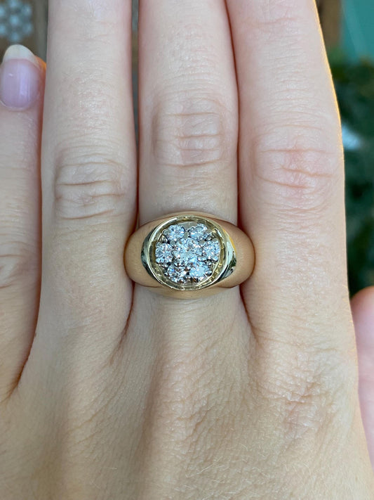 Vintage Solid 14k Yellow Gold Diamond Cluster Flower Signet Ring - Size 8.75