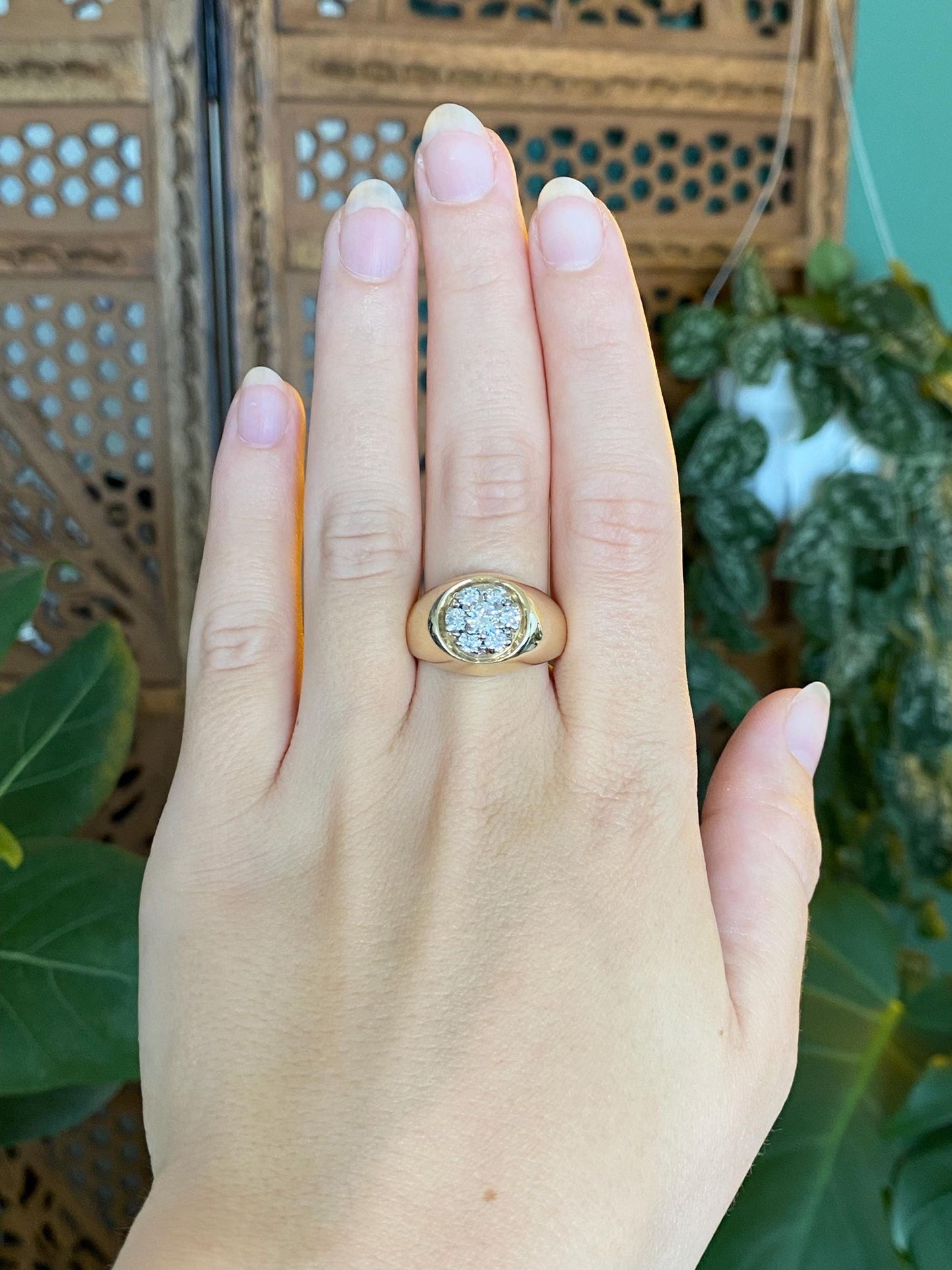 Vintage Solid 14k Yellow Gold Diamond Cluster Flower Signet Ring - Size 8.75