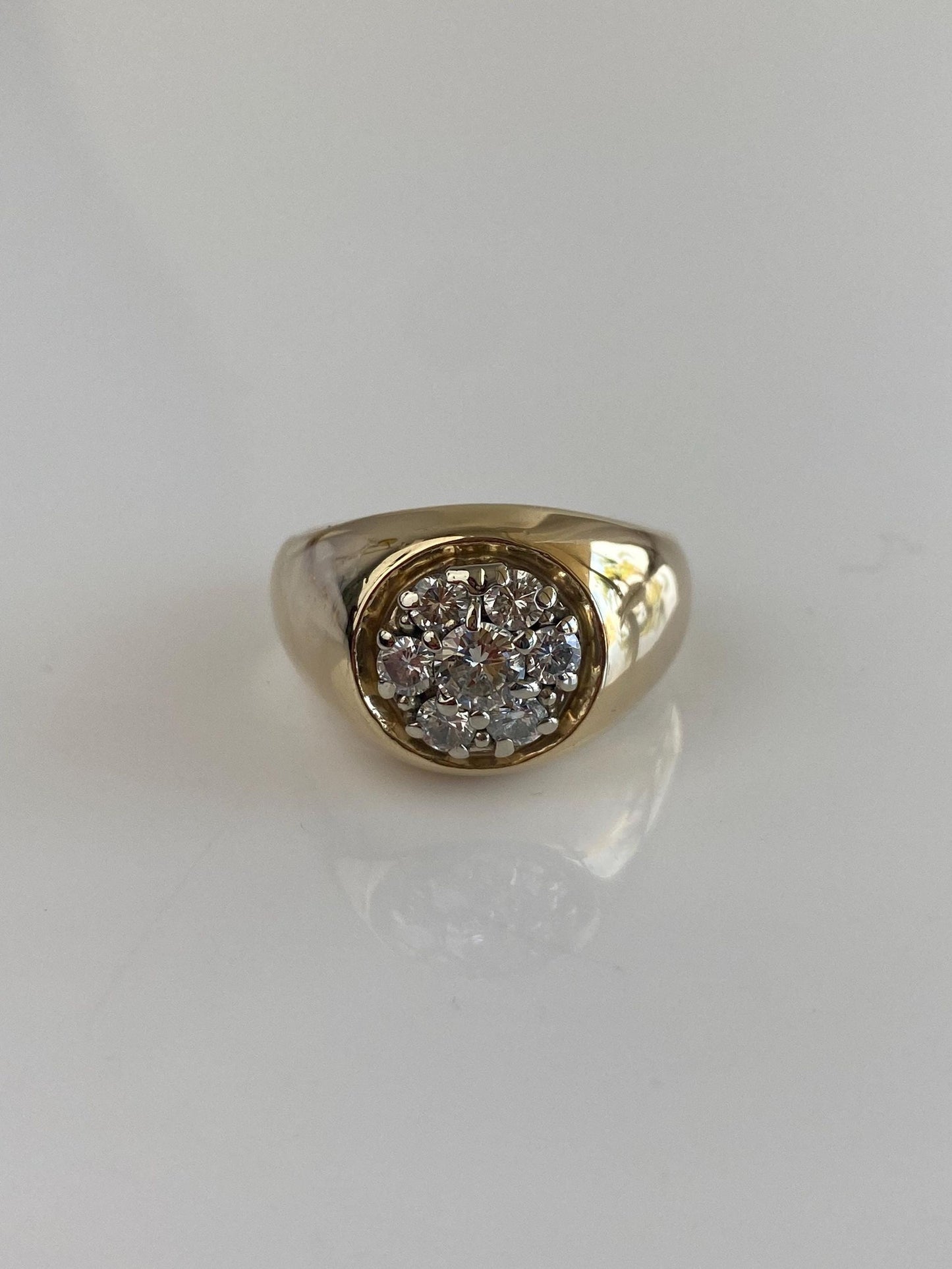 Vintage Solid 14k Yellow Gold Diamond Cluster Flower Signet Ring - Size 8.75