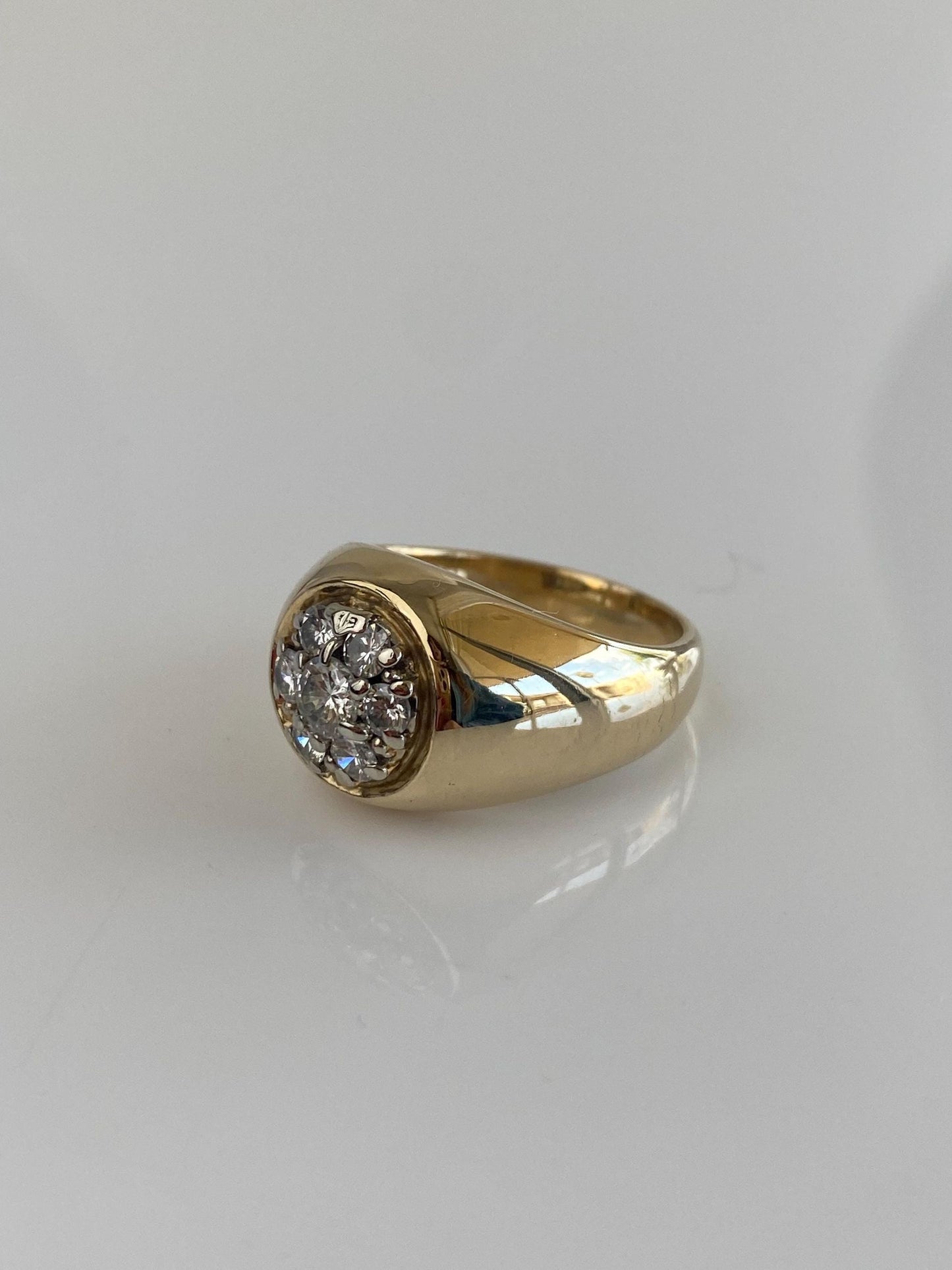 Vintage Solid 14k Yellow Gold Diamond Cluster Flower Signet Ring - Size 8.75