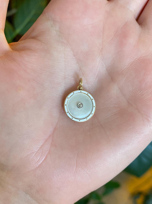 Vintage 14k White & Yellow Gold White Enamel Diamond MOP Cufflink Conversion Charm
