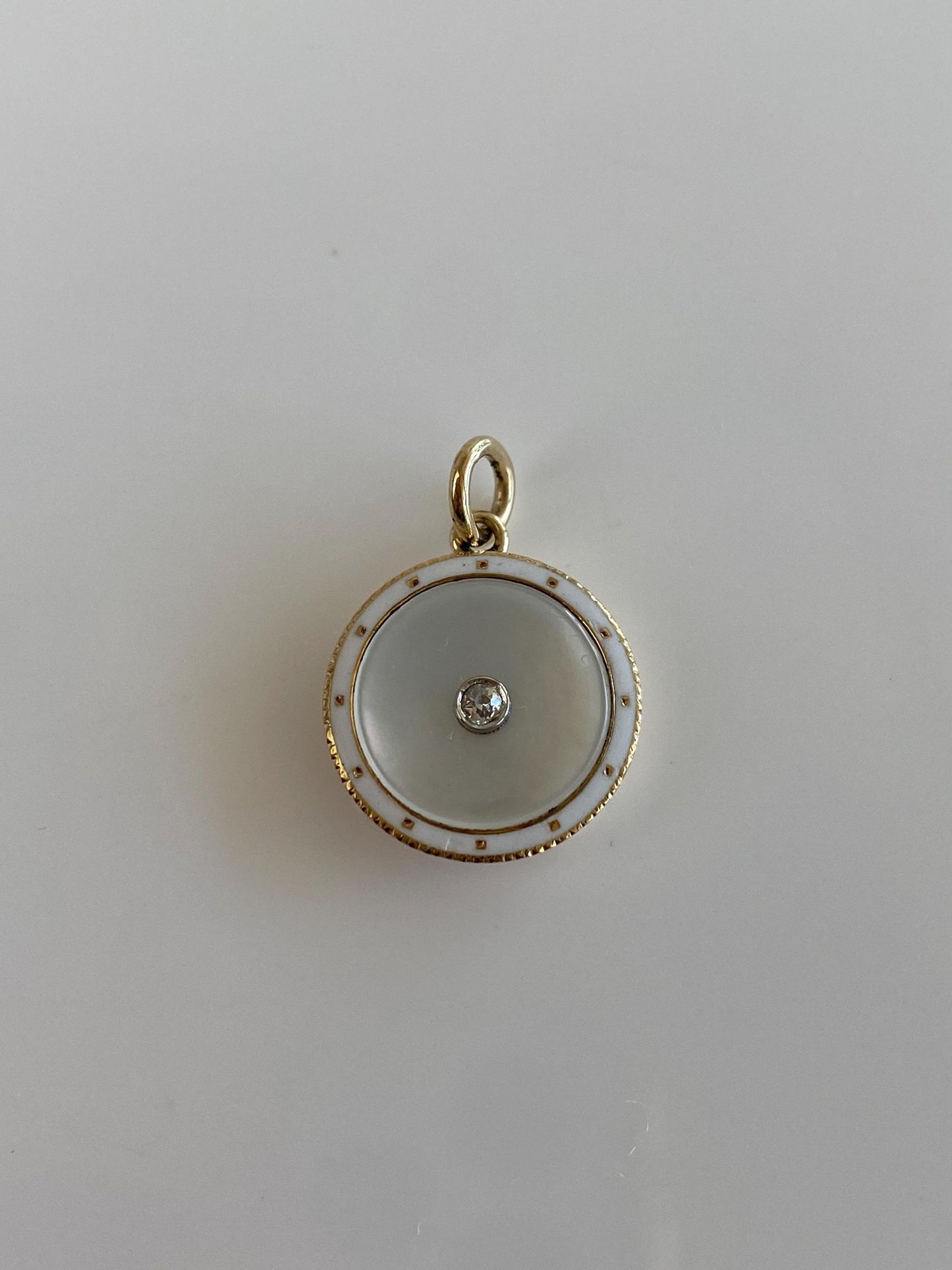 Vintage 14k White & Yellow Gold White Enamel Diamond MOP Cufflink Conversion Charm
