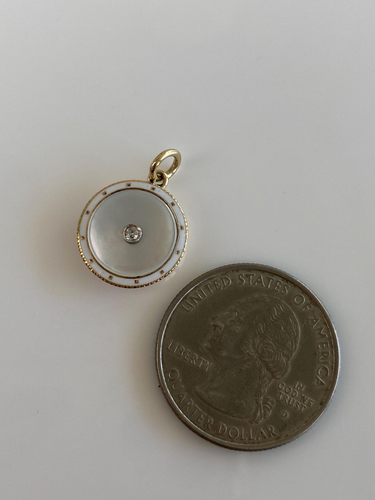 Vintage 14k White & Yellow Gold White Enamel Diamond MOP Cufflink Conversion Charm