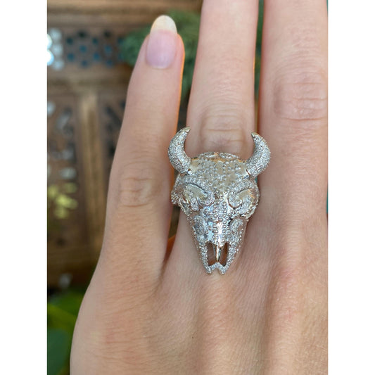 Vintage Solid 14k White Gold Diamond Cow Skull Ring - Size 5.25