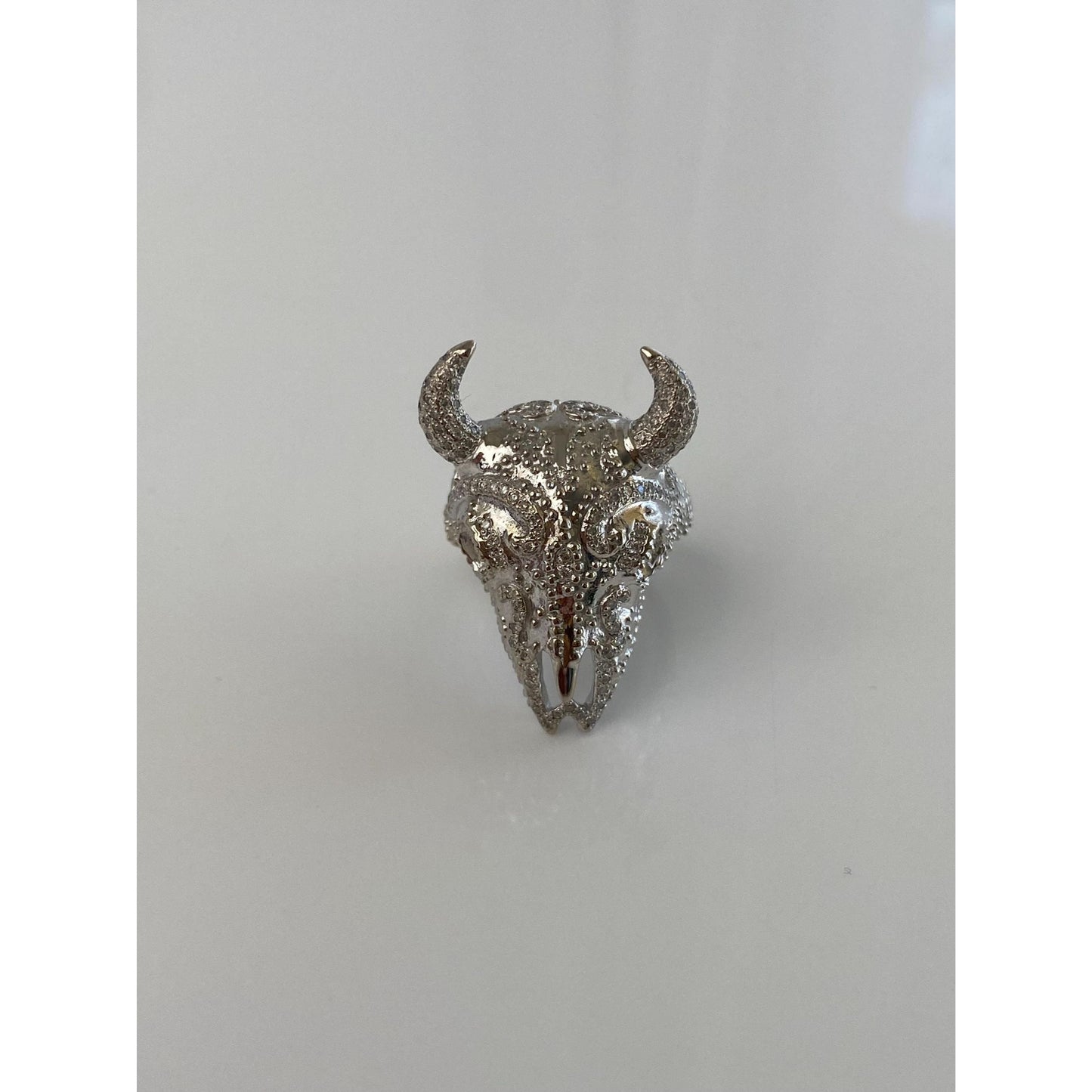 Vintage Solid 14k White Gold Diamond Cow Skull Ring - Size 5.25