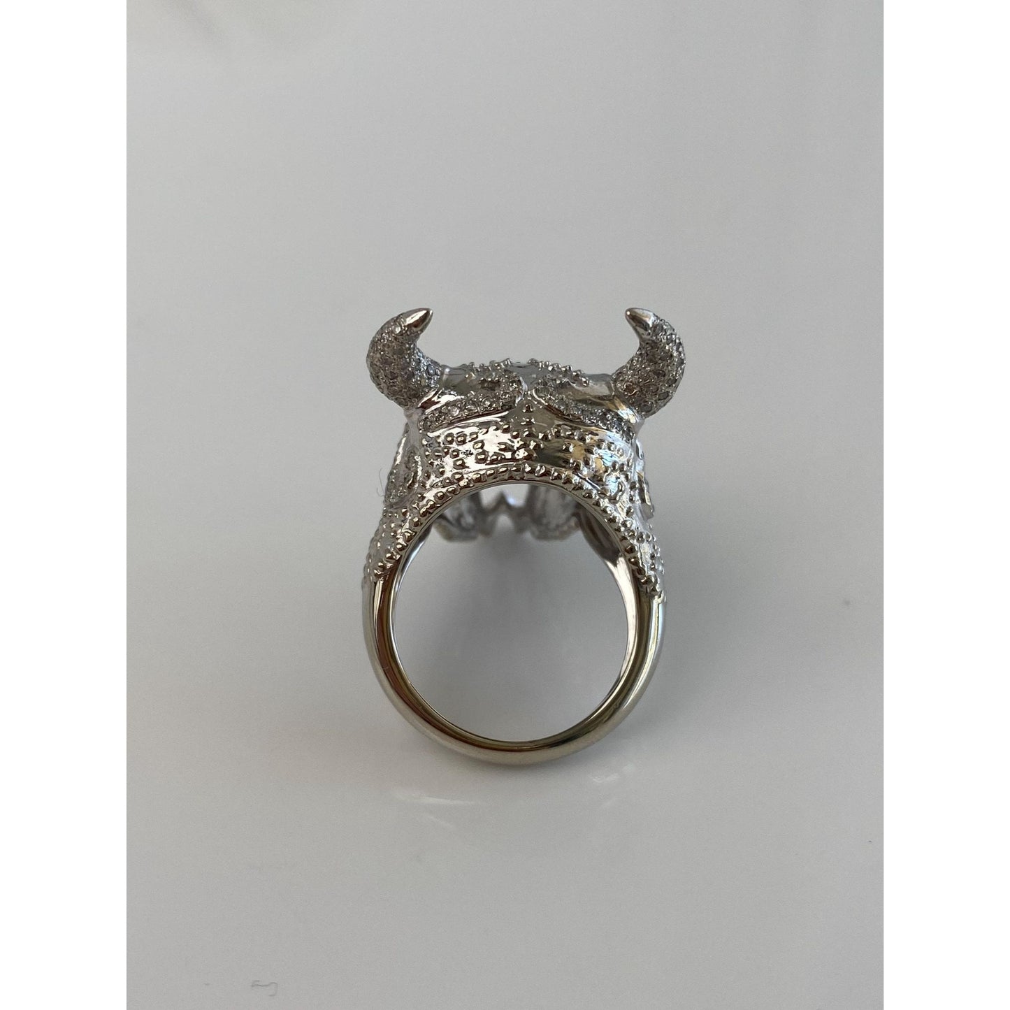 Vintage Solid 14k White Gold Diamond Cow Skull Ring - Size 5.25