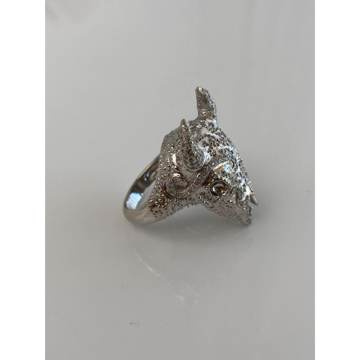 Vintage Solid 14k White Gold Diamond Cow Skull Ring - Size 5.25