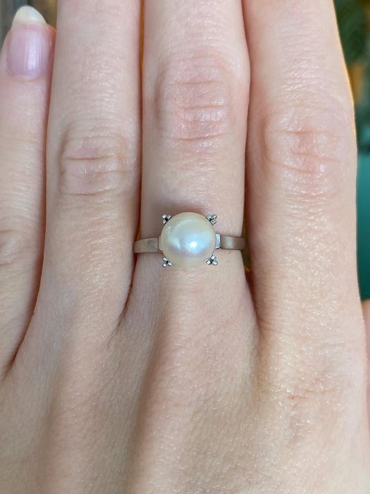 Vintage Solid 14k White Gold Pearl Ring - Size 6.25