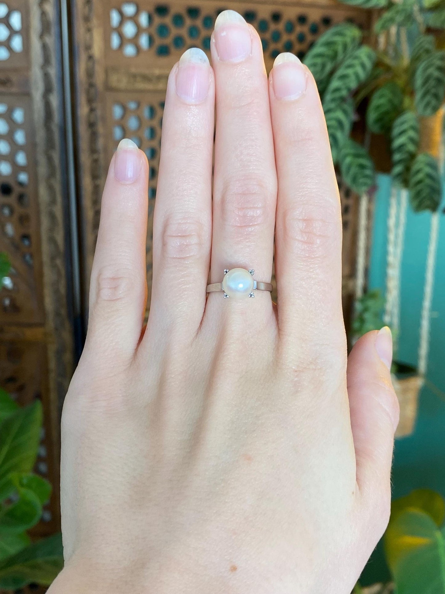 Vintage Solid 14k White Gold Pearl Ring - Size 6.25