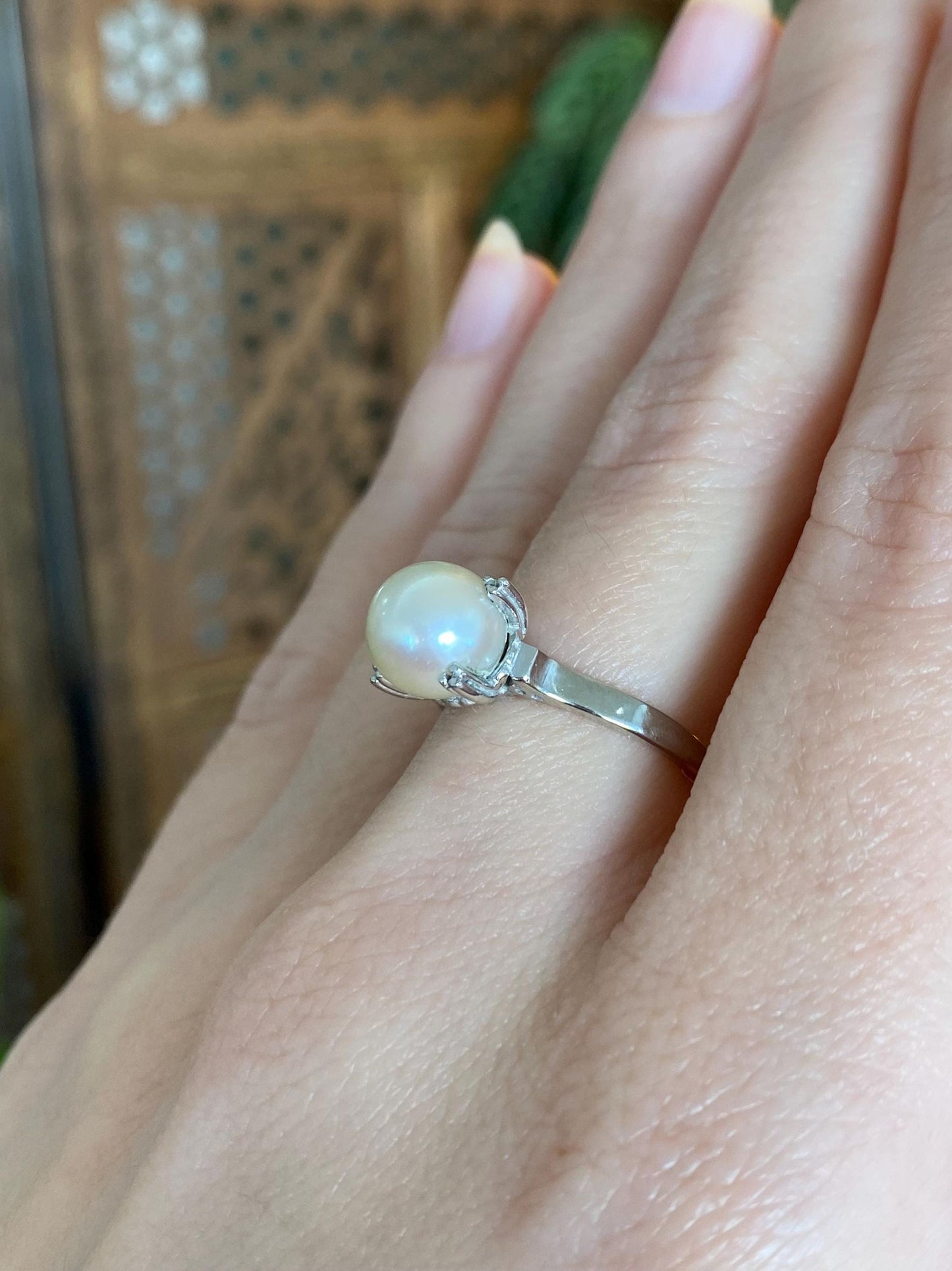 Vintage Solid 14k White Gold Pearl Ring - Size 6.25