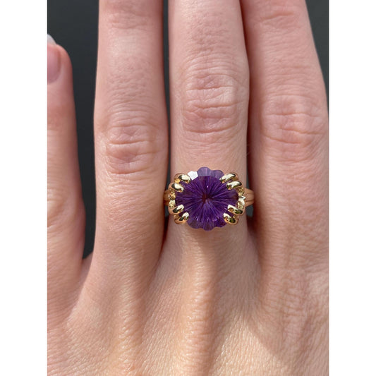 Vintage Solid 14k Yellow Gold Fancy Cut Amethyst Ring - Size 6.75