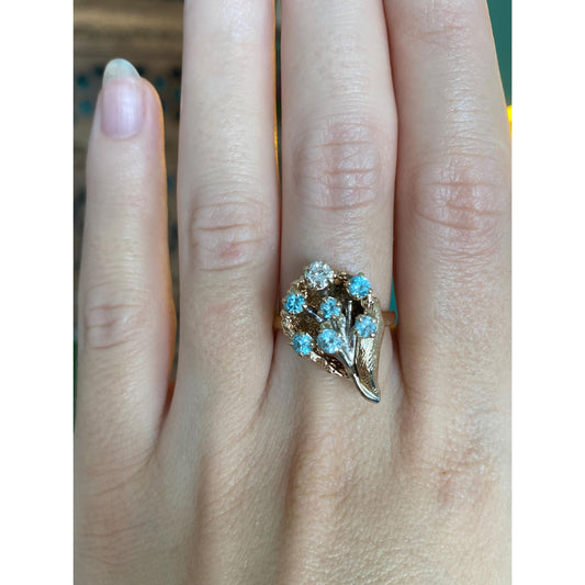 Vintage Solid 14k White & Yellow Gold Diamond Topaz Bouquet Ring - Size 7.25