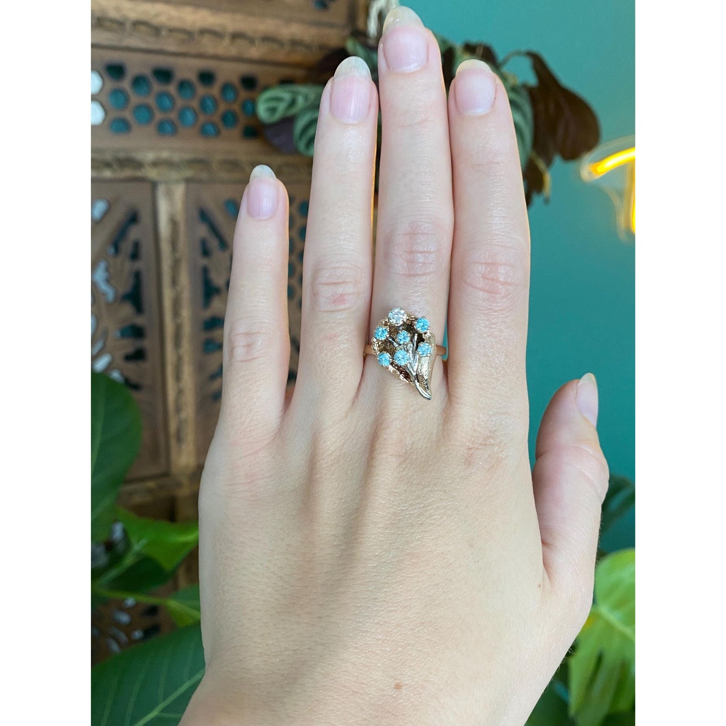 Vintage Solid 14k White & Yellow Gold Diamond Topaz Bouquet Ring - Size 7.25