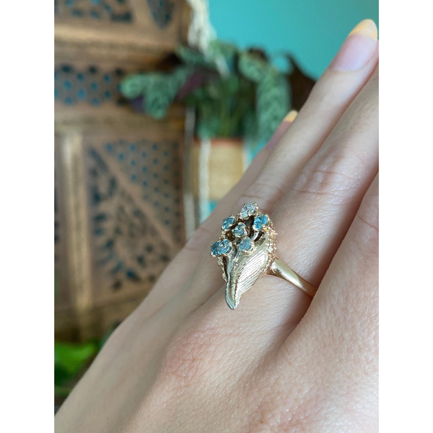 Vintage Solid 14k White & Yellow Gold Diamond Topaz Bouquet Ring - Size 7.25