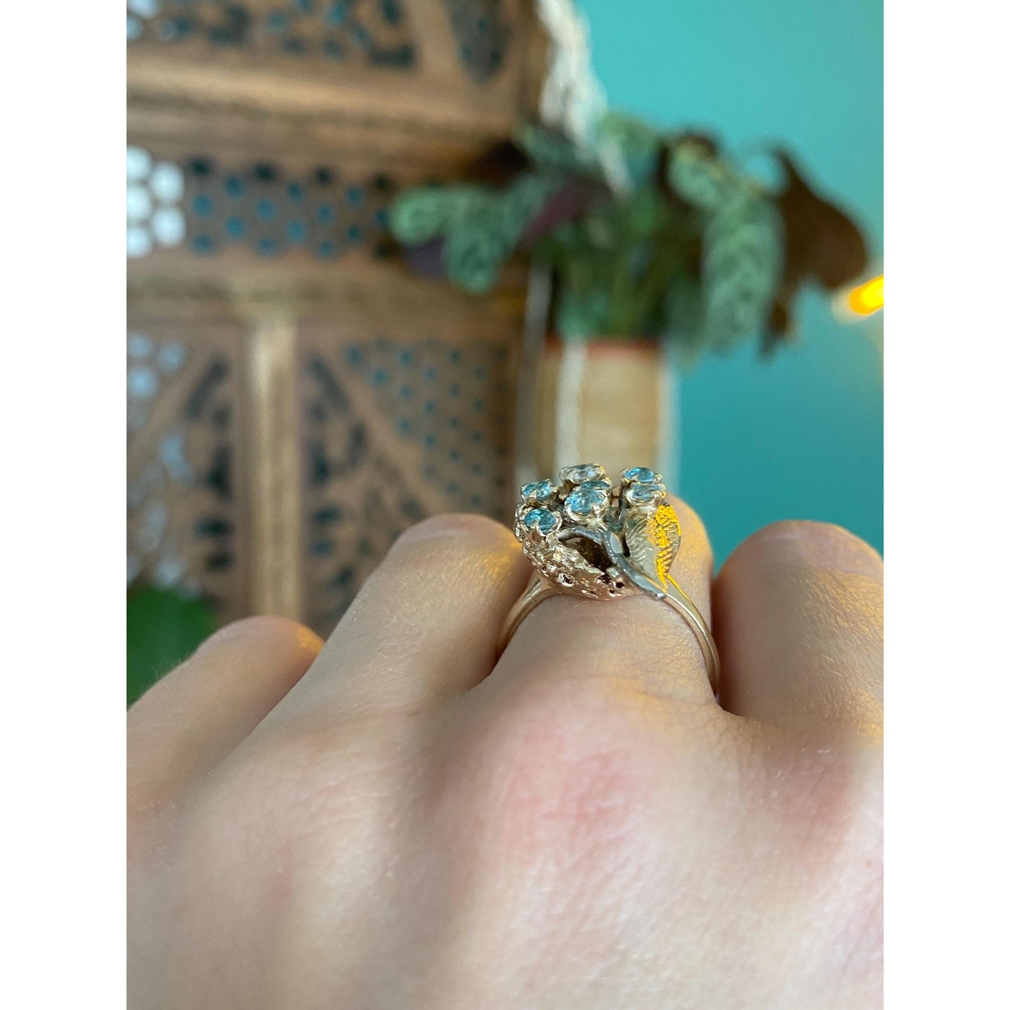 Vintage Solid 14k White & Yellow Gold Diamond Topaz Bouquet Ring - Size 7.25