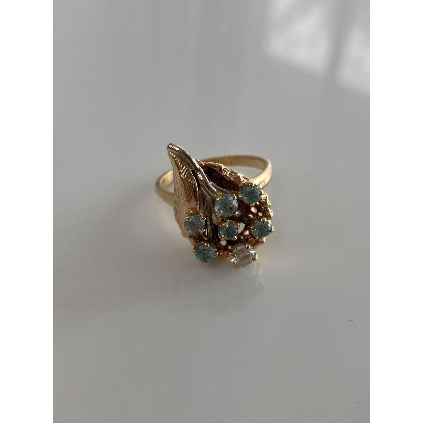 Vintage Solid 14k White & Yellow Gold Diamond Topaz Bouquet Ring - Size 7.25