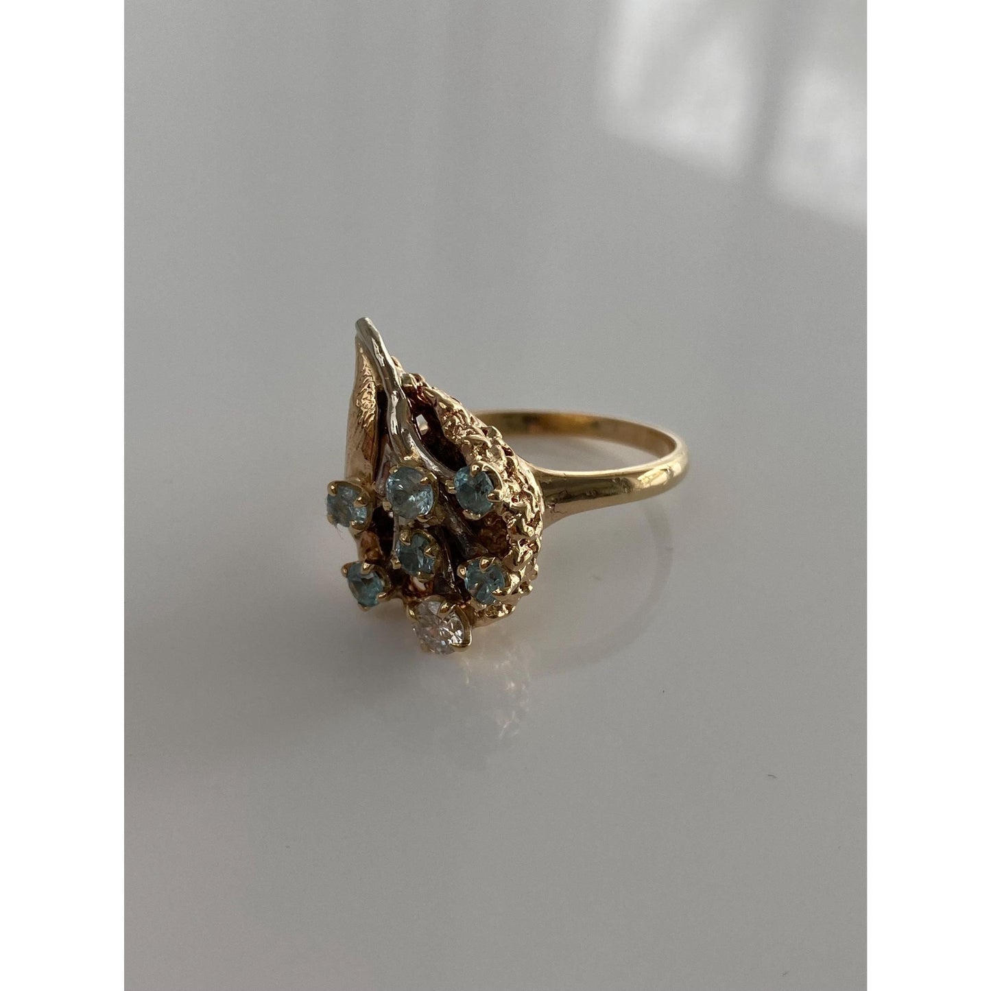 Vintage Solid 14k White & Yellow Gold Diamond Topaz Bouquet Ring - Size 7.25