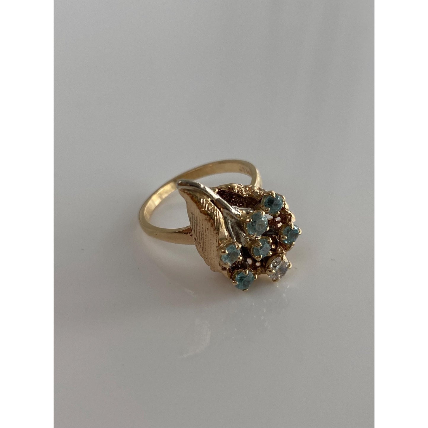 Vintage Solid 14k White & Yellow Gold Diamond Topaz Bouquet Ring - Size 7.25