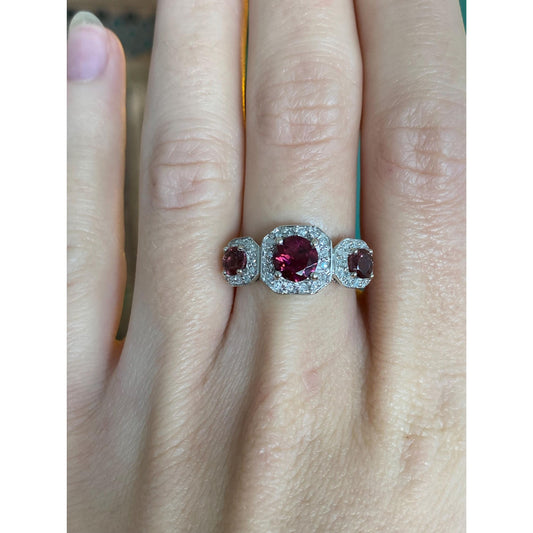 Vintage Solid 14k White Gold Diamond Pink Tourmaline Ring - Size 7.5