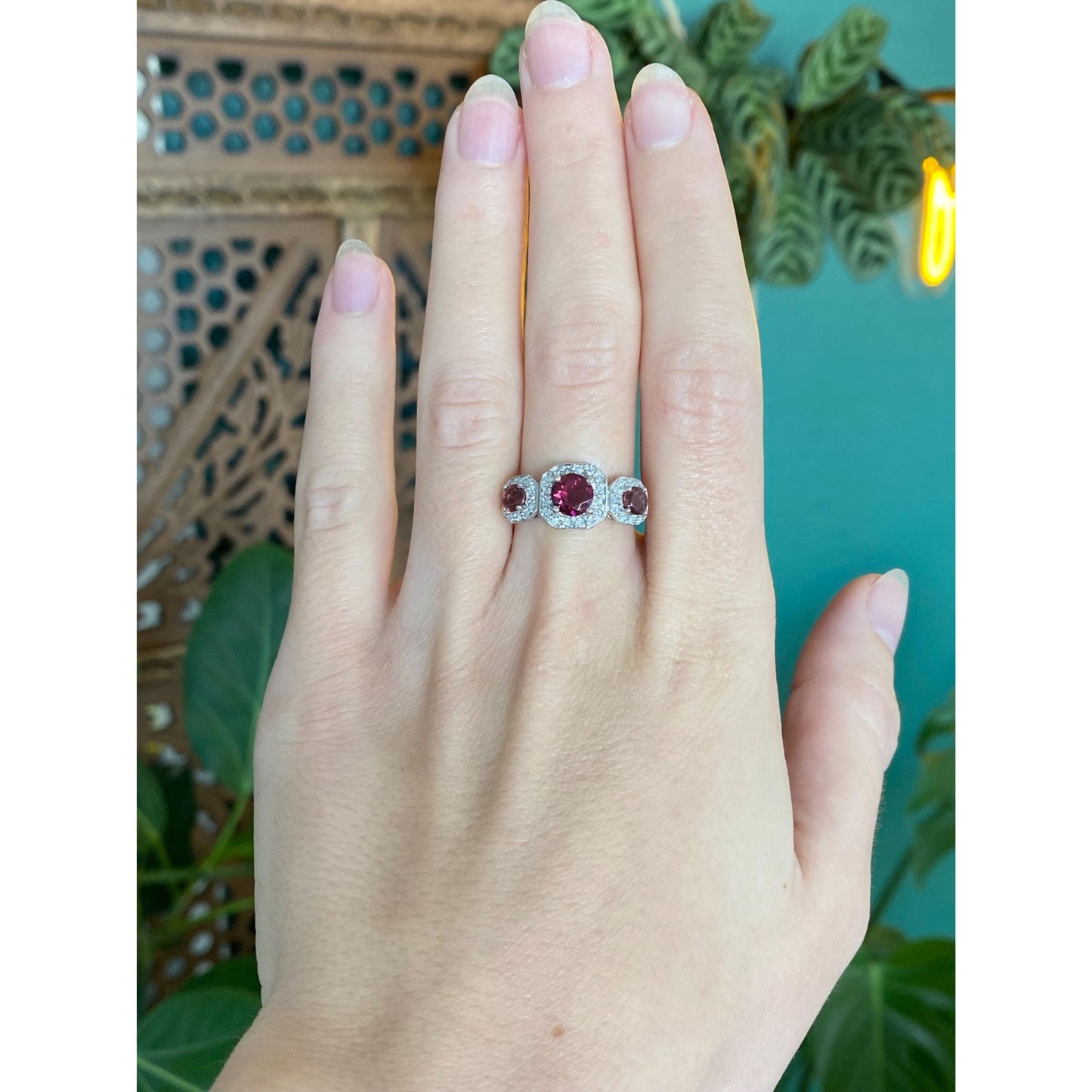 Vintage Solid 14k White Gold Diamond Pink Tourmaline Ring - Size 7.5