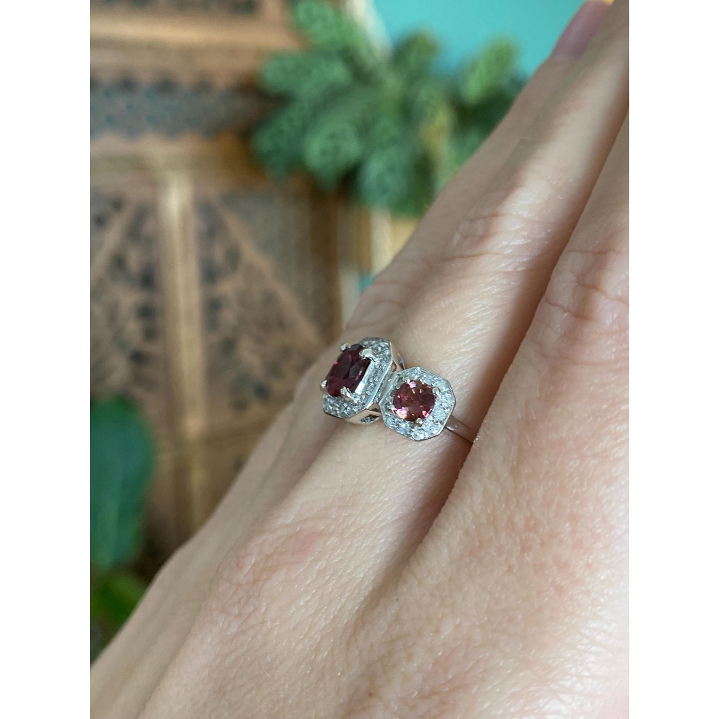 Vintage Solid 14k White Gold Diamond Pink Tourmaline Ring - Size 7.5