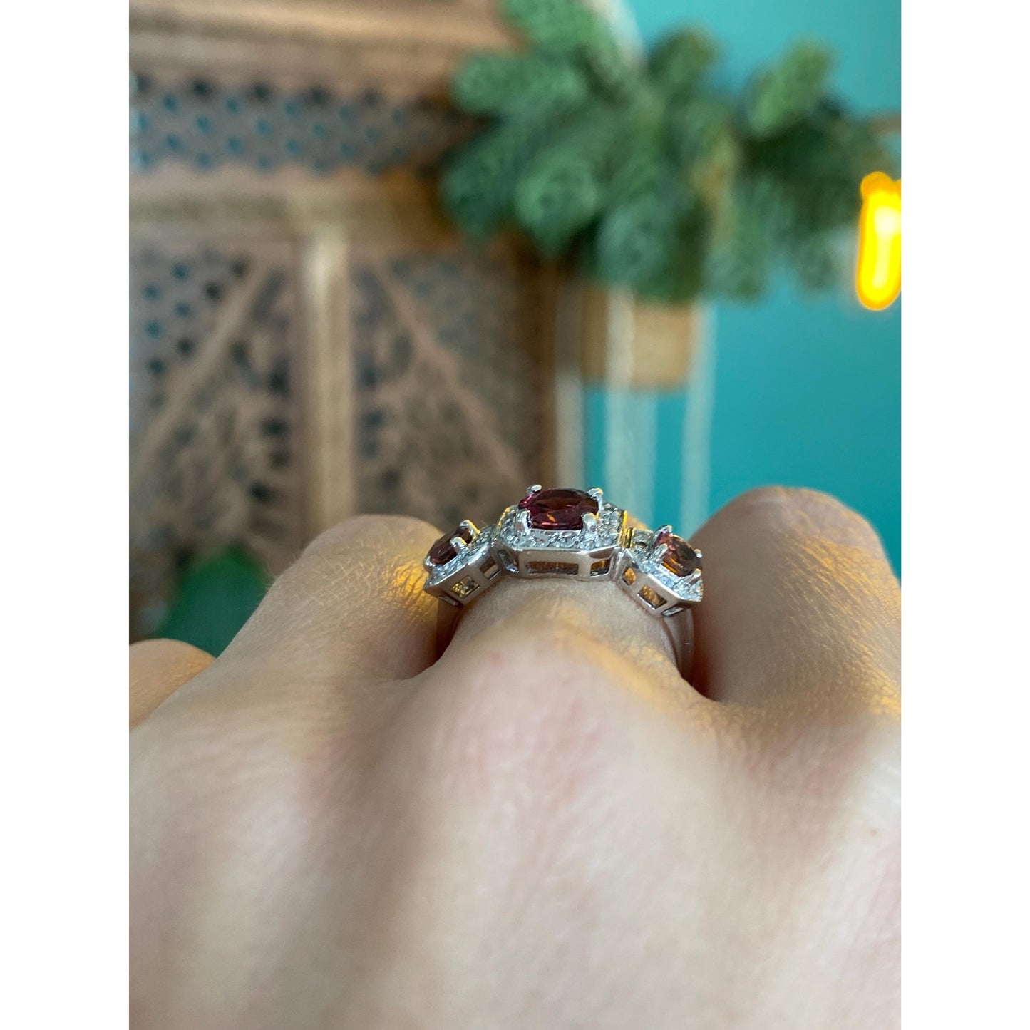 Vintage Solid 14k White Gold Diamond Pink Tourmaline Ring - Size 7.5