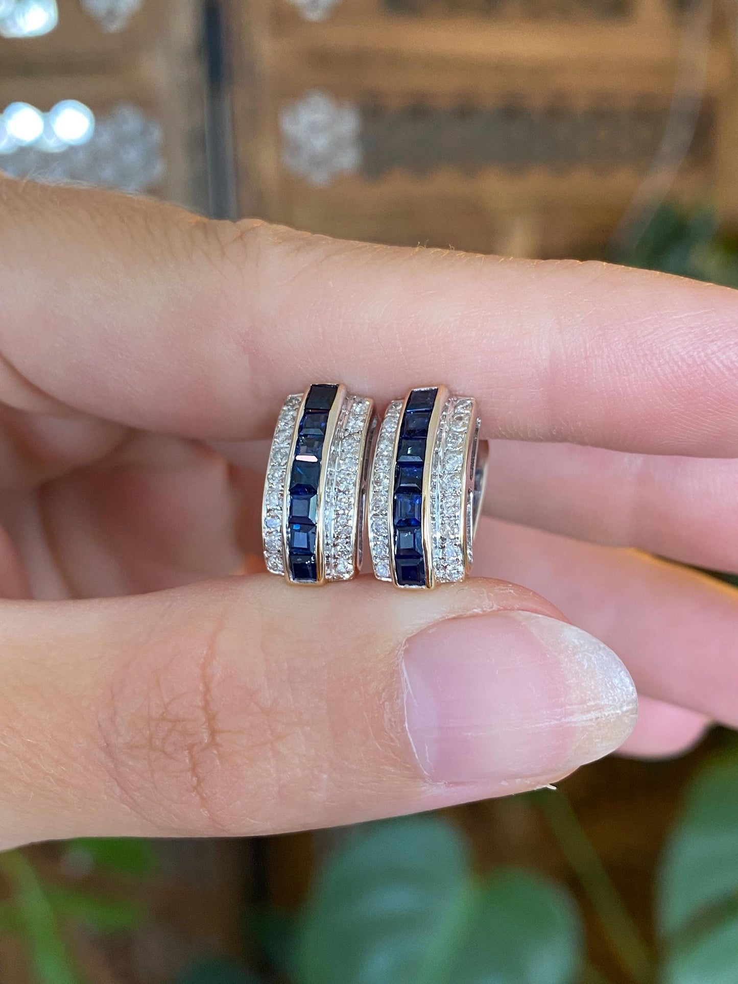 Vintage Solid 14k White Gold Diamonds Blue Sapphire Drop Earrings
