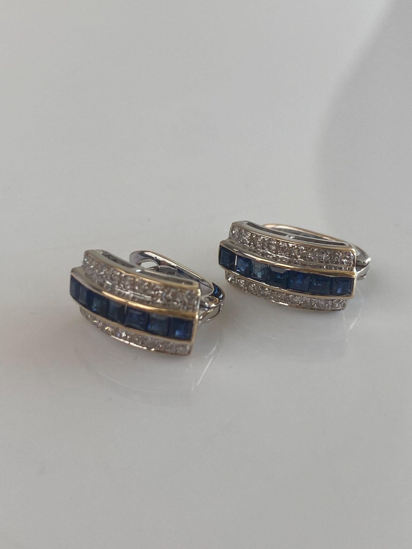 Vintage Solid 14k White Gold Diamonds Blue Sapphire Drop Earrings