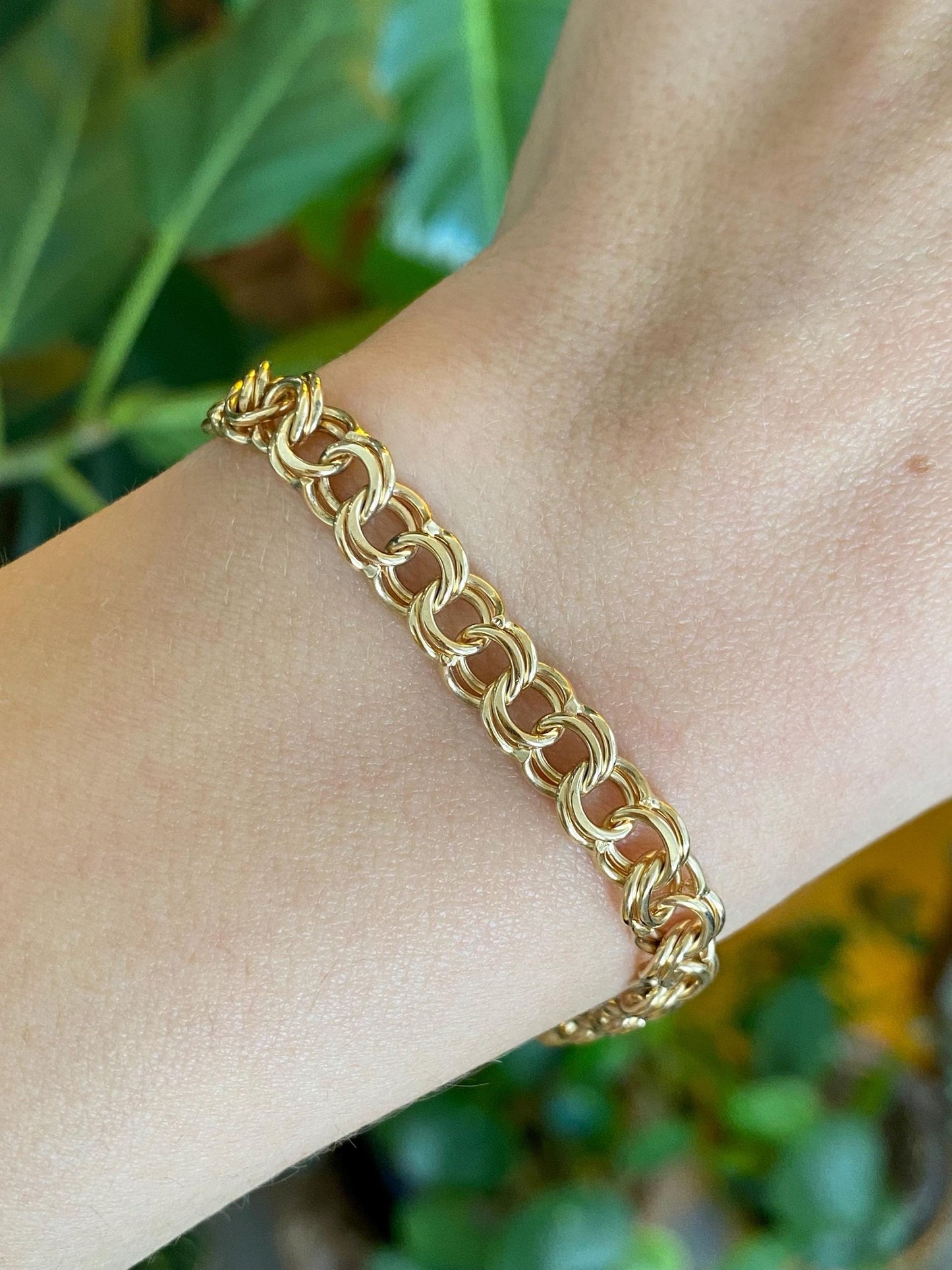 Vintage Solid 14k Yellow Gold Double Link Charm Bracelet - 7.25 inches