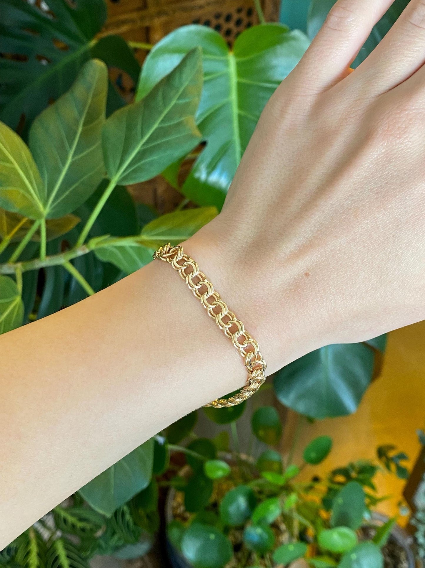Vintage Solid 14k Yellow Gold Double Link Charm Bracelet - 7.25 inches