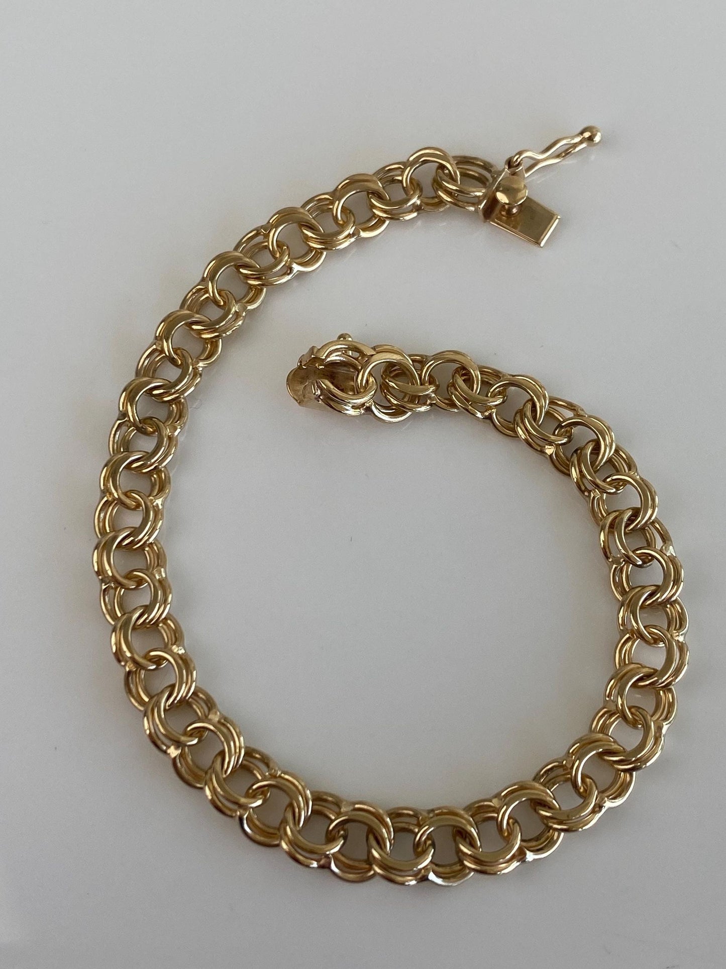 Vintage Solid 14k Yellow Gold Double Link Charm Bracelet - 7.25 inches